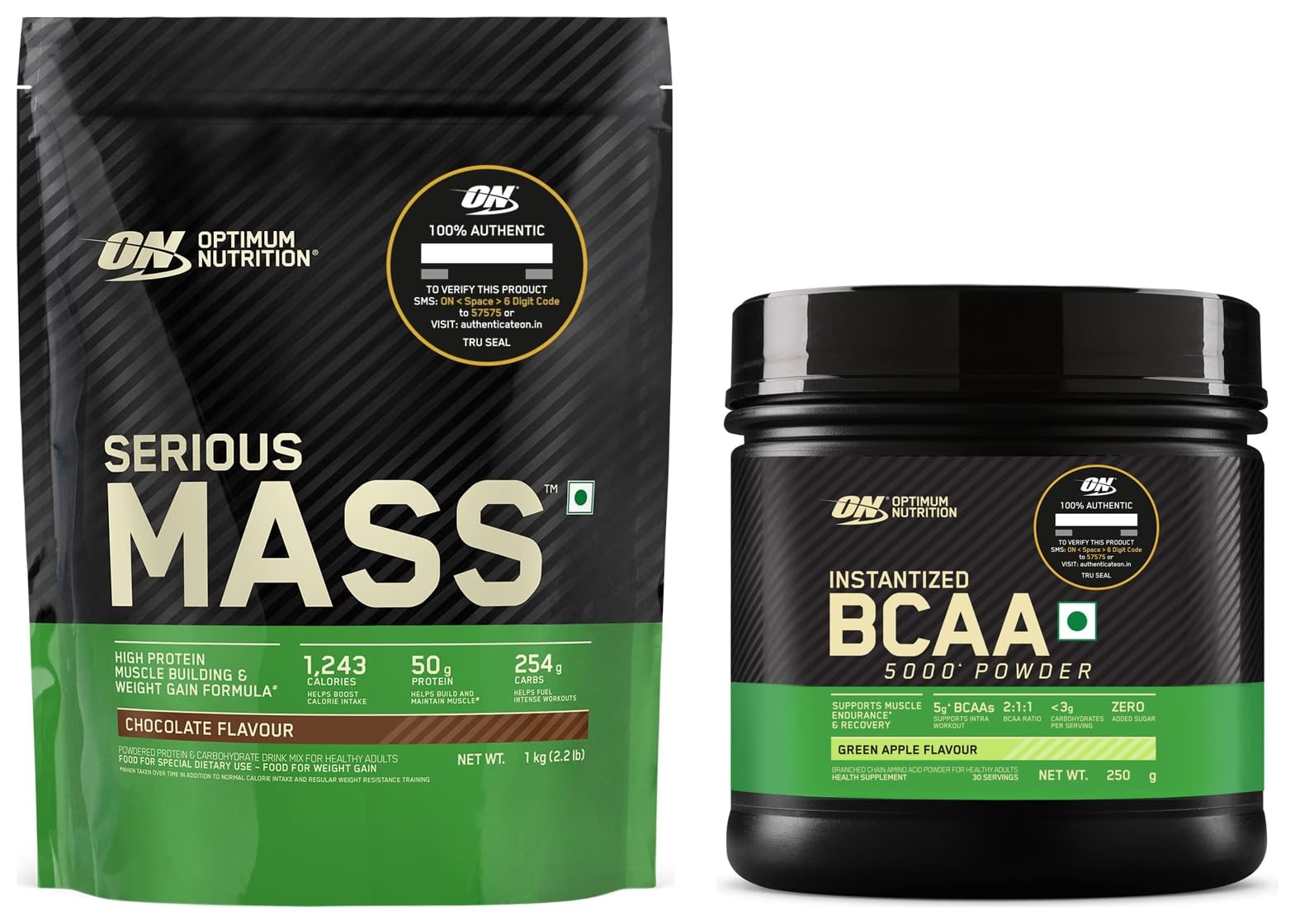 (ON) Serious Mass Gainer powder (Veg) - Pack of 1 kg (Chocolate) & Optimum Nutrition BCAA, 5g BCAAs in 2:1:1 Ratio, 30 servings (250gm, Green Apple) COMBO