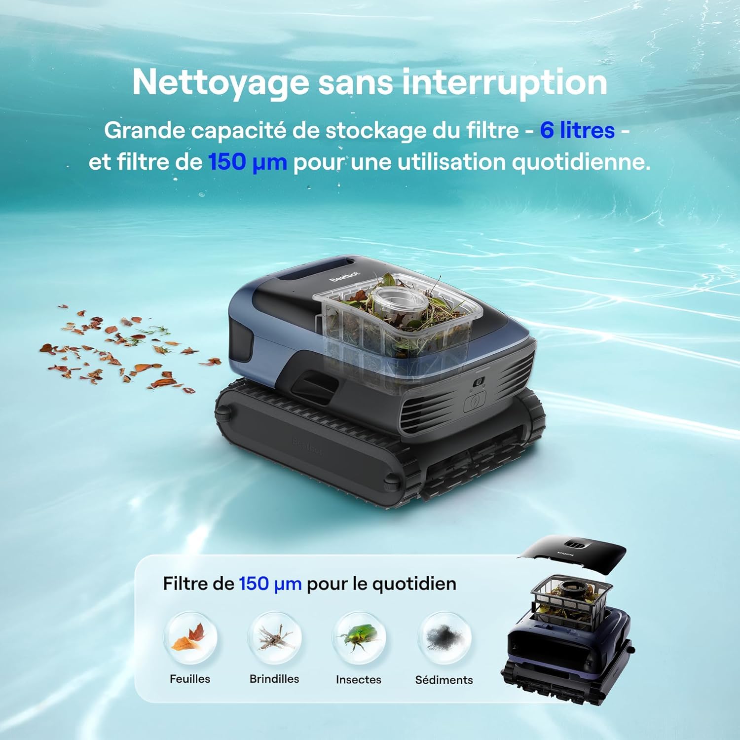 Beatbot Sora 70 Robot Piscine, aspirateur Piscine 4-en-1, 25700 LPH, stationnement Intelligent Surface de l'eau, capacité 6 L pour débris, Batterie 10000 mAh, pour piscines jusqu'à 300 m², Bleu