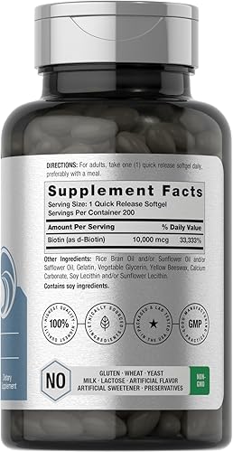 Miniatura 2 de Horbaach Biotin 10000 mcg  200 cápsulas blandas con vitamina B7  Suplemento de fórmula de belleza  Sin OMG y sin gluten