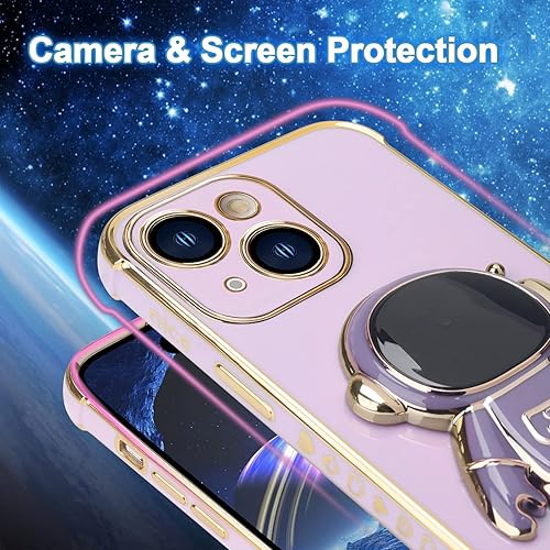 Miniatura 4 de Omio - Funda compatible con iPhone 15 Plus con soporte oculto de astronauta, funda de lujo chapado en corazón con borde lateral, pequeño patrón de