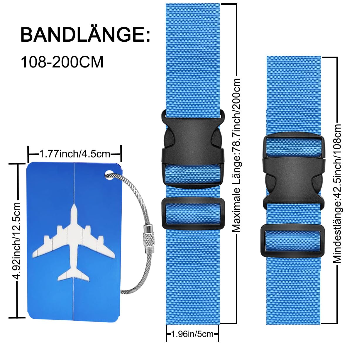 4 Cinghie Regolabili Per Valigia Con Fibbia Rapida + 2 Etichette Bagagli - Lunghezza 100-200 Cm, Larghezza 5 Cm - Per Viaggi E Riconoscimento Rapido