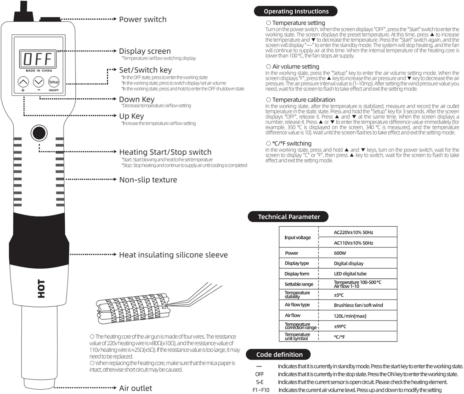 Hot Air Rework Station, 8018 Portable SMD Solder Station Heat Gun Digital Temperature Display with Nozzles Tweezers, °C/°F Conversion