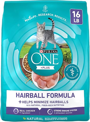Purina ONE Natural Hairball Control Dry Cat Food, 16 lb Bag | High fiber blend made with real chicken. Antioxidant sources and added vitamins and minerals for overall health for cats.