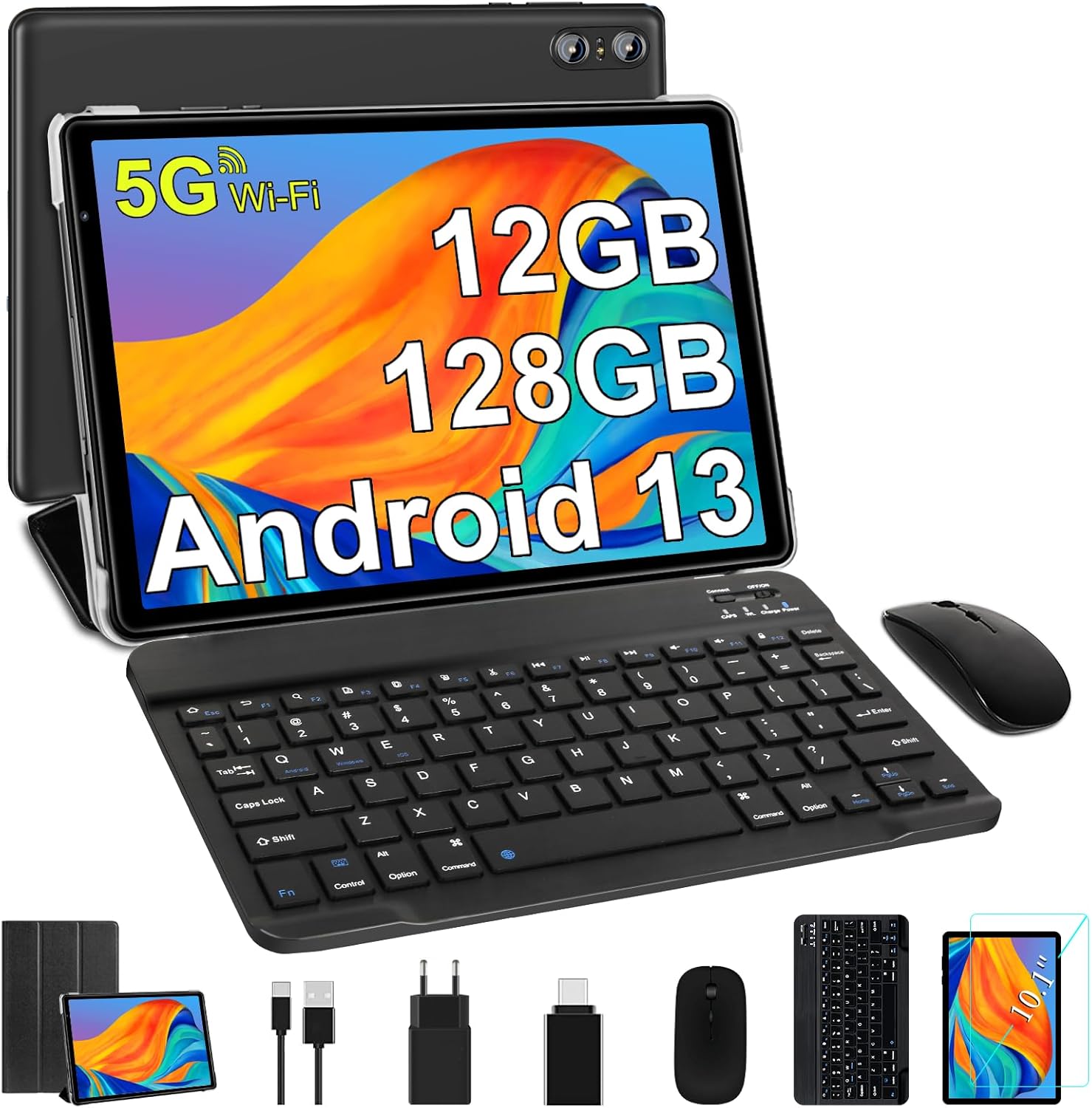 SEBBE Tablet 10 Pollici Android 13 Tablet 12GB RAM+128GB ROM (TF 1TB), Tablets 5G WiFi Octa-Core 2.0 GHz, Google GMS/Widget/GPS/Bluetooth5.0/6000mAh/5+8MP, Tablet con Tastiera e Mouse - Nero