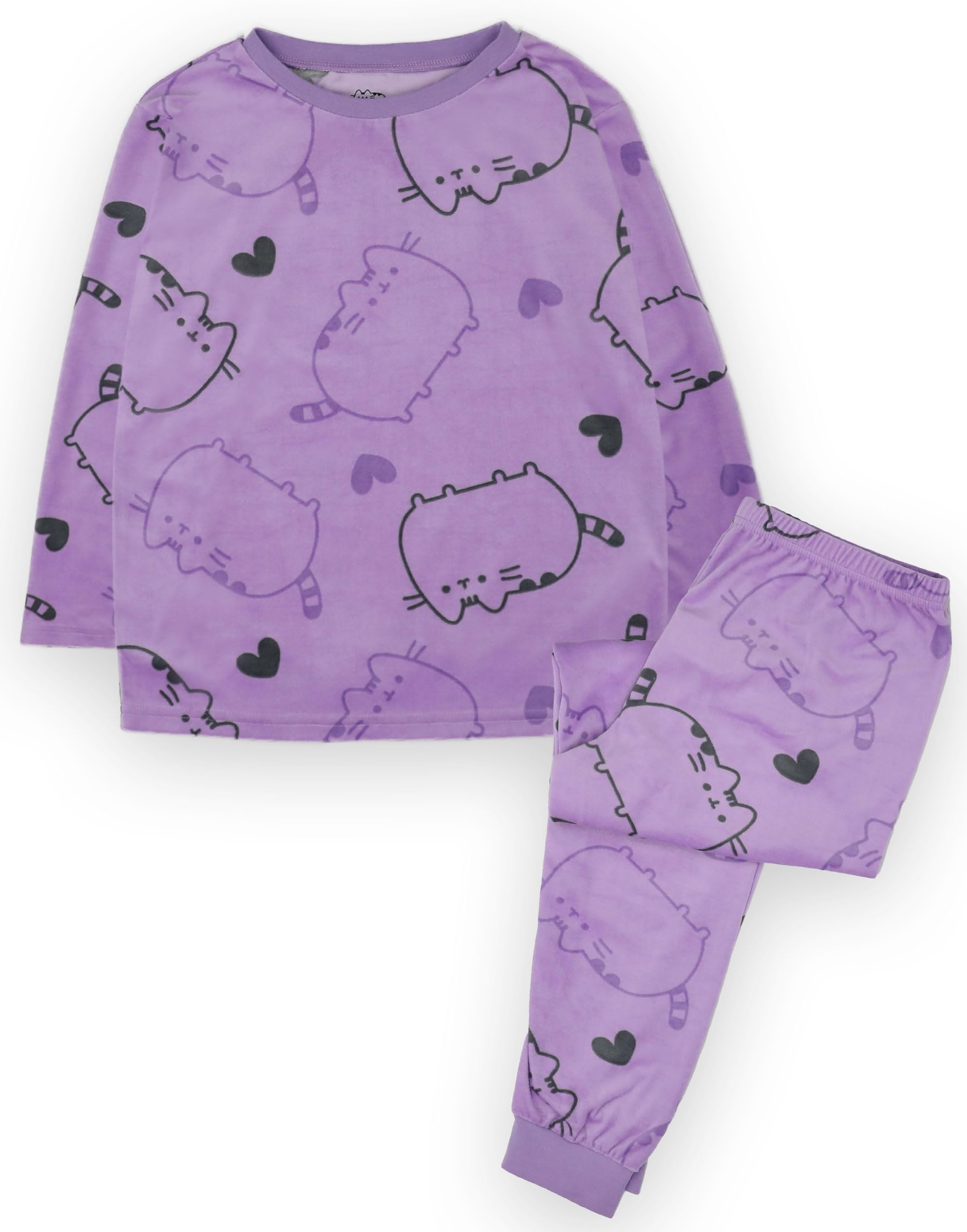 Pusheen Girls Pyjama Set | Purple All Over Print PJs For Kids | Long Sleeve T-Shirt & Long Leg Pants | Internet Cat Loungewear Pyjama | Teens Cute Nightwear Merchandise Gift