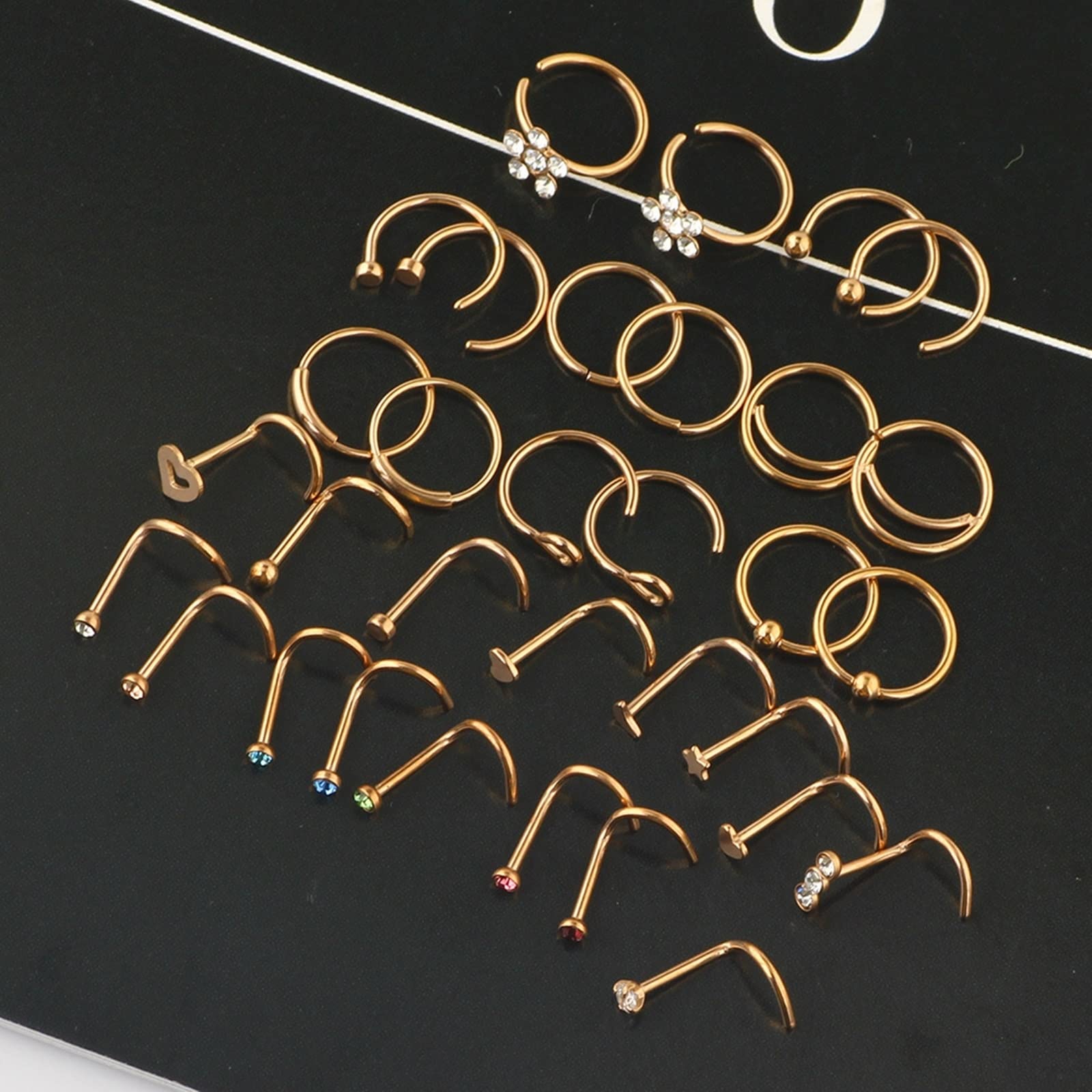 Kolczyk do nosa, biżuteria do piercingu wieży, stal chirurgiczna, 32 szt., grubość 0,8 mm, różowe złoto, cyrkonia, kolczyki i obręcz, gwiazda, serce, biżuteria, prezent, Stal nierdzewna,