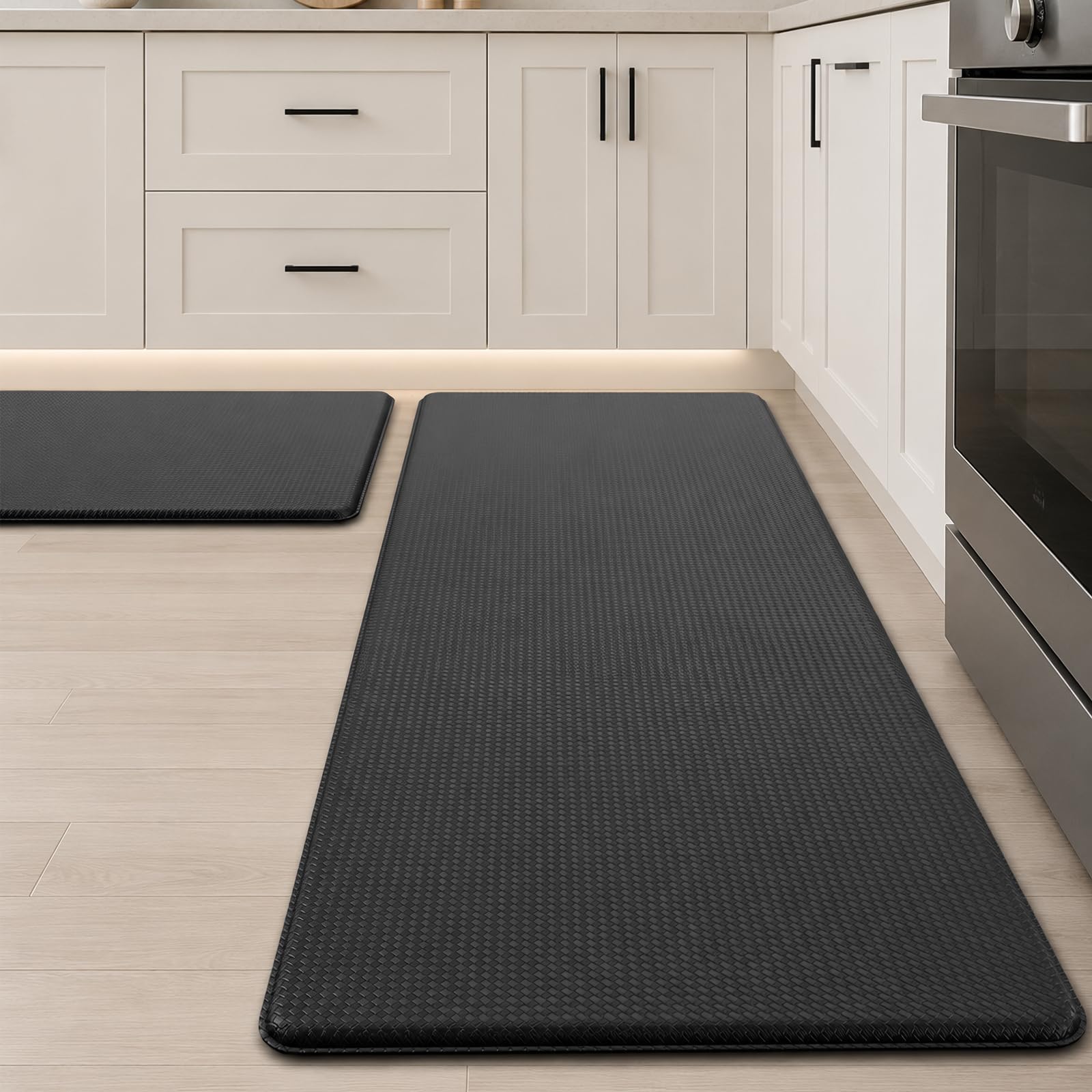 Kitchen Mat, 2 Pieces Non Slip Kitchen Rug Set, Anti Fatigue Soft Comfortable Standing Mat, Waterproof Oil Resistant Leather Cushioned Mats for Kitchen Floor Office (Black, 44 * 75+44 * 120cm) — image 1