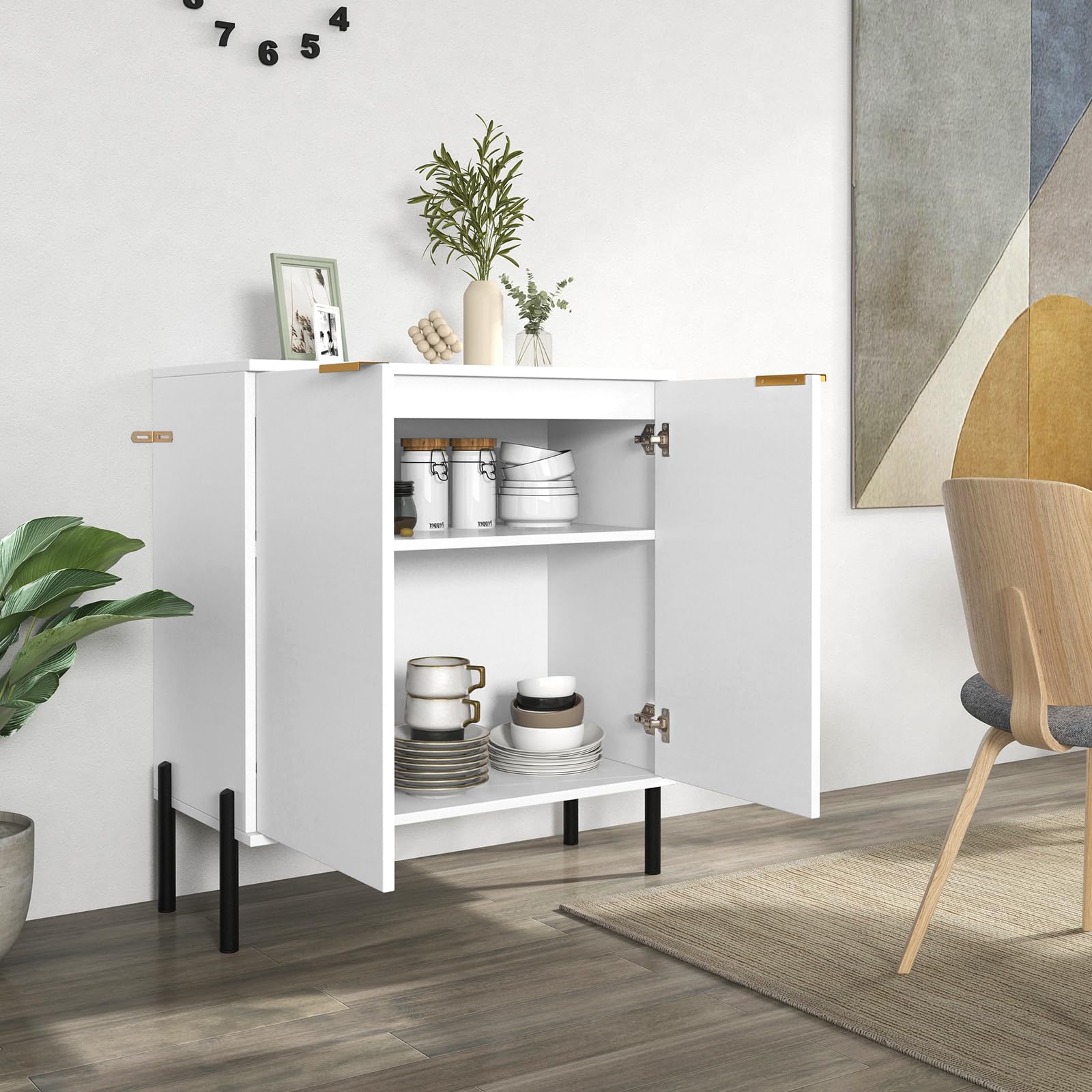 GOPLUS Buffet Aparador de 2 Puertas, Equipado con Kit Antivuelco, Bisagras Ajustables y Patas Metálicas, Mueble Independiente para Cocina, Estilo Moderno de Acento para Salón y Comedor, Blanco
