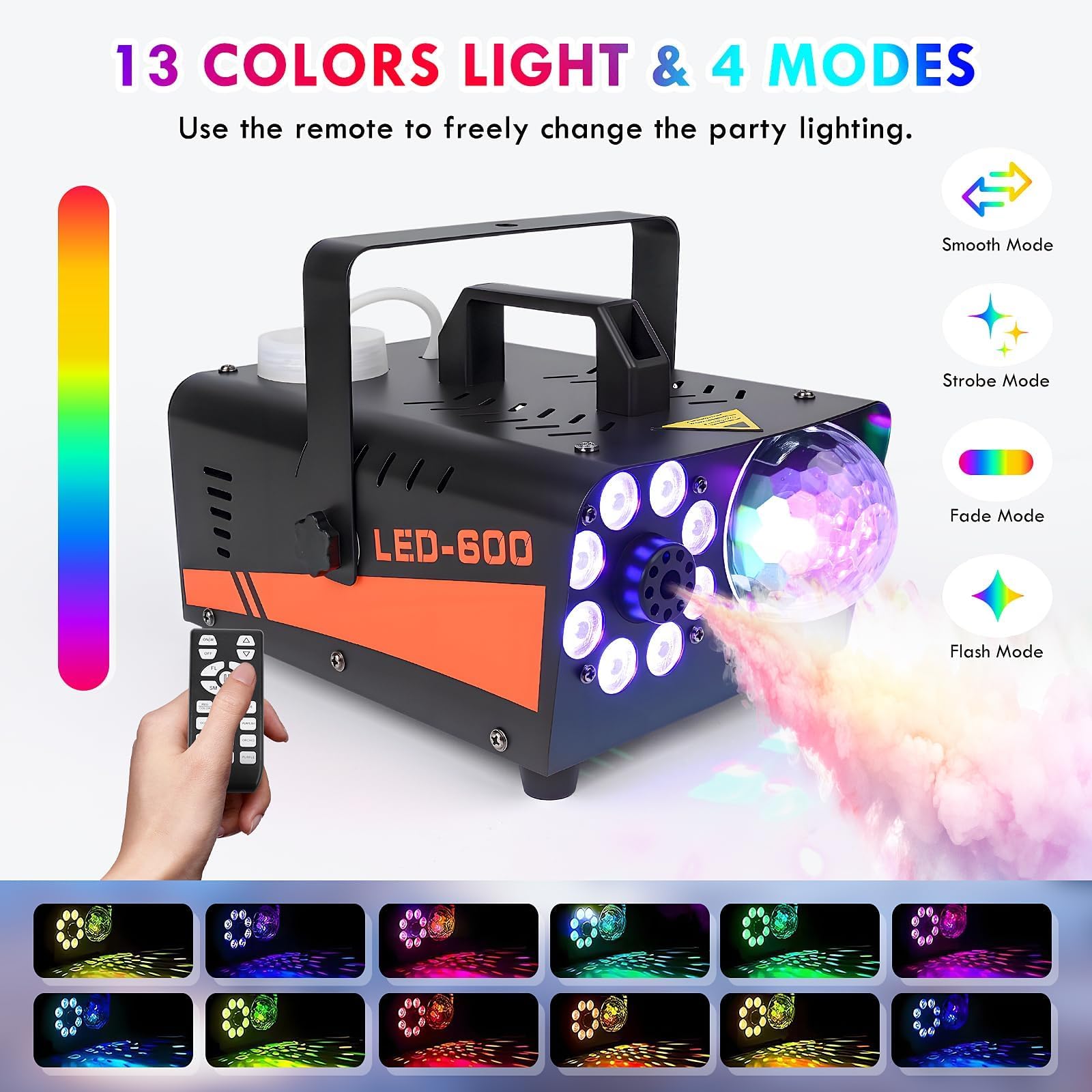 Machine à Fumée 600W avec Effets LED 13 Couleurs & Lumière Disco – 3000CFM Machine à Brouillard avec Télécommande Filaire/Sans Fil, Idéale pour Halloween, Mariage, Fête, DJ & Intérieur/Extérieur