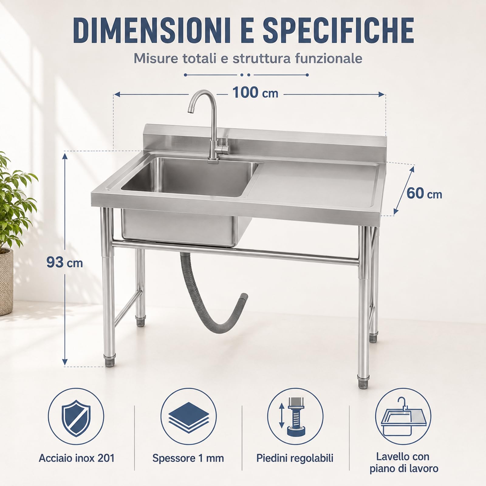 Lavello Inox Professionale 100x60x93 cm Vasca Sinistra e Rubinetto | Vasca sinistra con piano laterale, rubinetto 360°, scarico filtrato, piedini regolabili, struttura stabile fino a 200 kg
