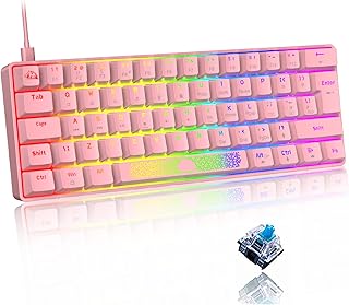 60% Compact Cute Type c - Usb Wired Mechanical Pink Keyboard UK, Blue Switch, RGB Backlit Rainbow LED, Anti-Ghosting, Media Keys, Laser carving, Ergonomic Aesthetic, for Computer PC Laptop PS4 XBOX