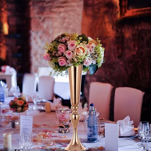 Miniatura 6 de Centros de mesa dorados para mesa de boda, 10 piezas de jarrón de trompeta de metal versátil de 21.9 pulgadas de alto, soporte de flores de mesa