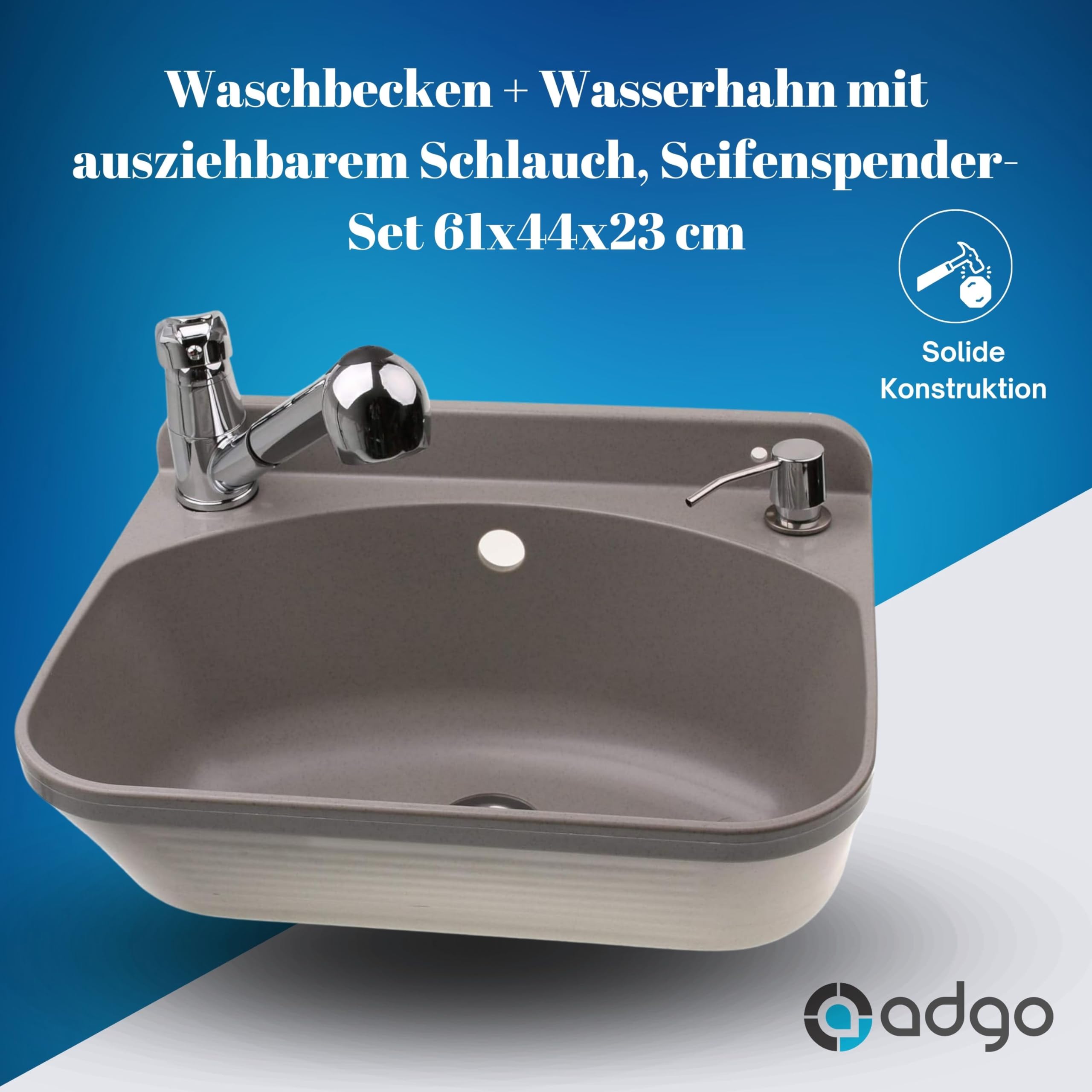 ADGO Fregadero de Cocina para el Hogar con Lavabo de Cámara Profunda con Batería, Grifo y Contenedor Dispensador de Jabón, para Jardín, Hogar, Garaje, Sótano, Baño y Taller, Fábrica, Industrial, Gris