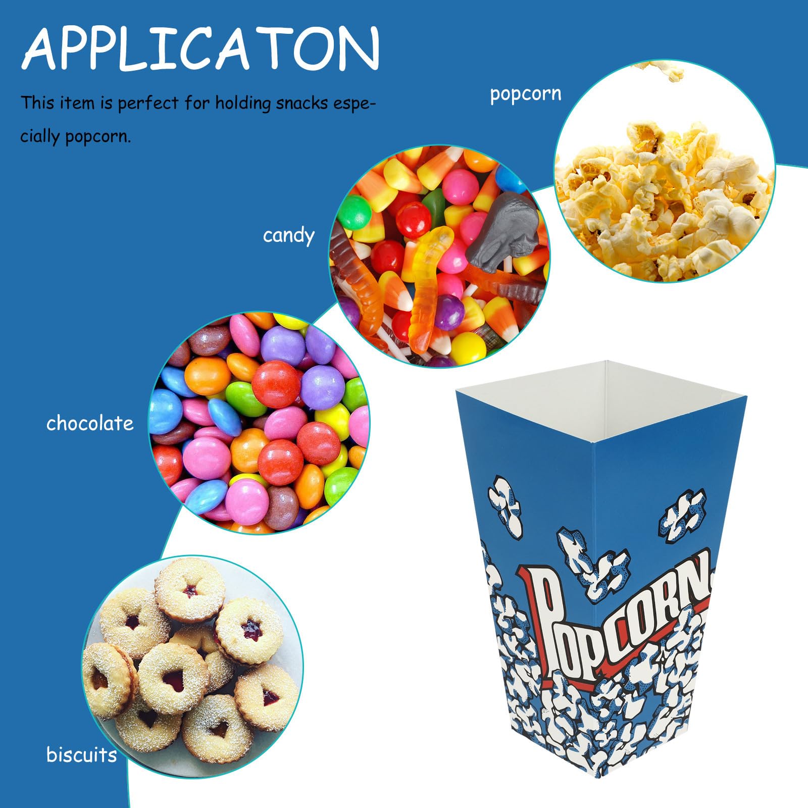 Cajas de Palomitas de Maíz Diseño Clásico y Resistente de Papel Azul 100 Piezas Fáciles de Usar para Fiestas y Regalos Pequeños