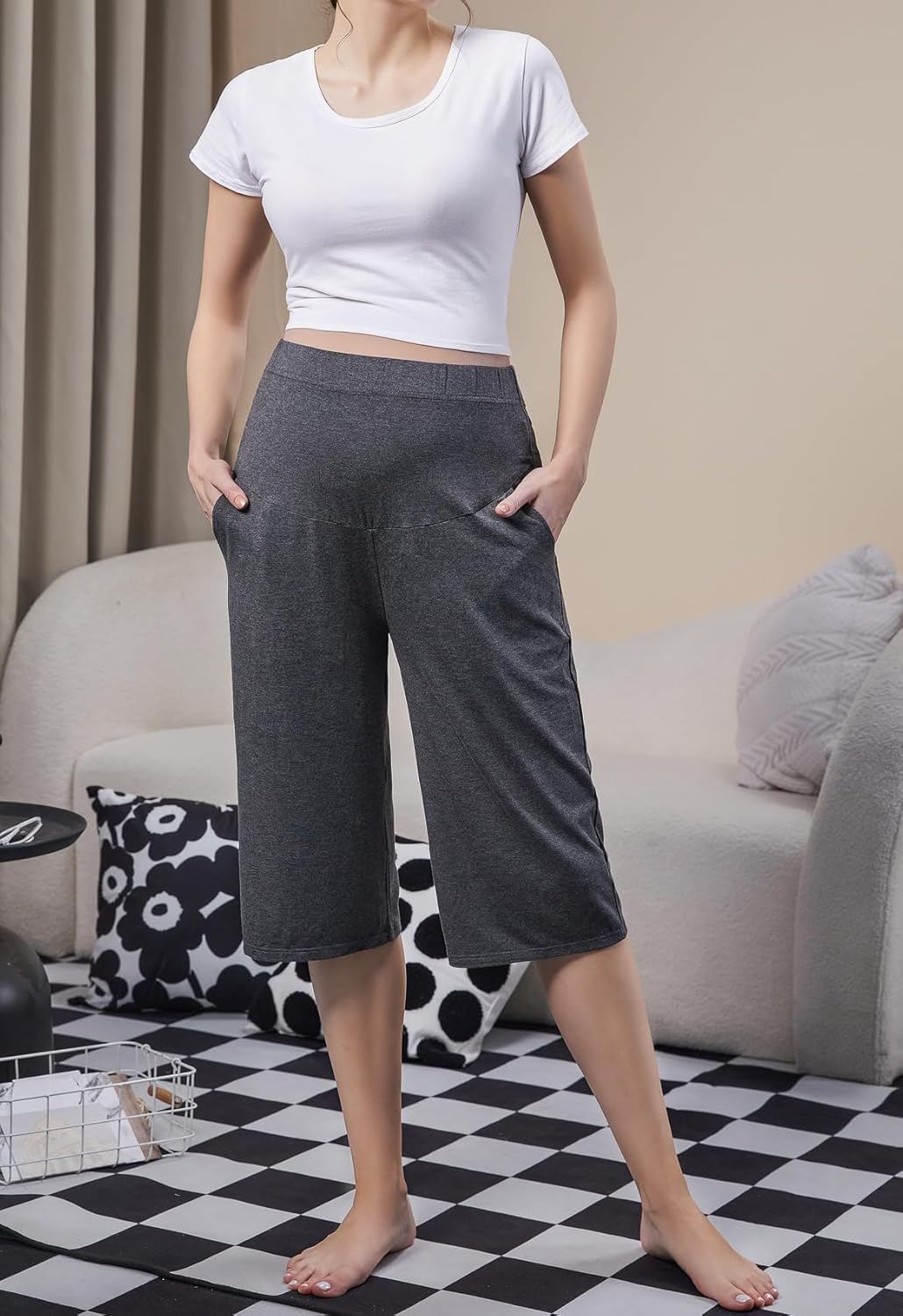 Maternity Lounge Capri Pants, Maternity Cropped Capri Pregnancy, Light Relaxed Soft Touch Trousers with Pockets - Image 2