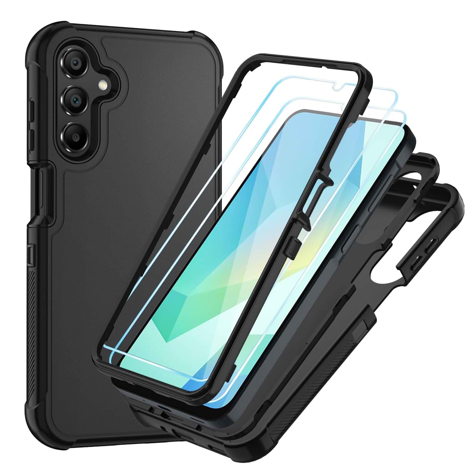 for Samsung Galaxy A16 5G Case,Black/Black 3-Layer Shockproof Phone Cover with HD Screen Protector,Hybrid Protective Military-Grade Drop Protection for A16 5G Case