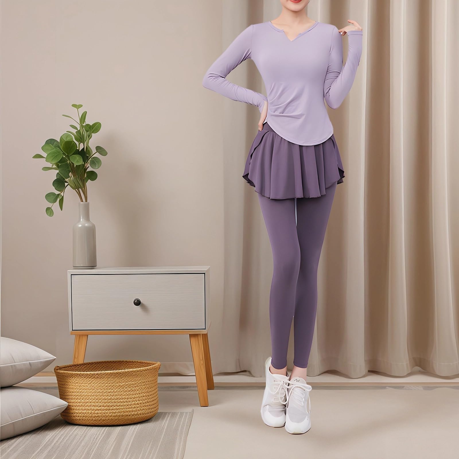 Oddychający 3-częściowy strój do jogi dla kobiet – bluza z kapturem, spodnie ze spódnicą i legginsy, lekki i redukujący wilgoć, rozmiar łącznie, liliowy, Rozmiar uniwersalny