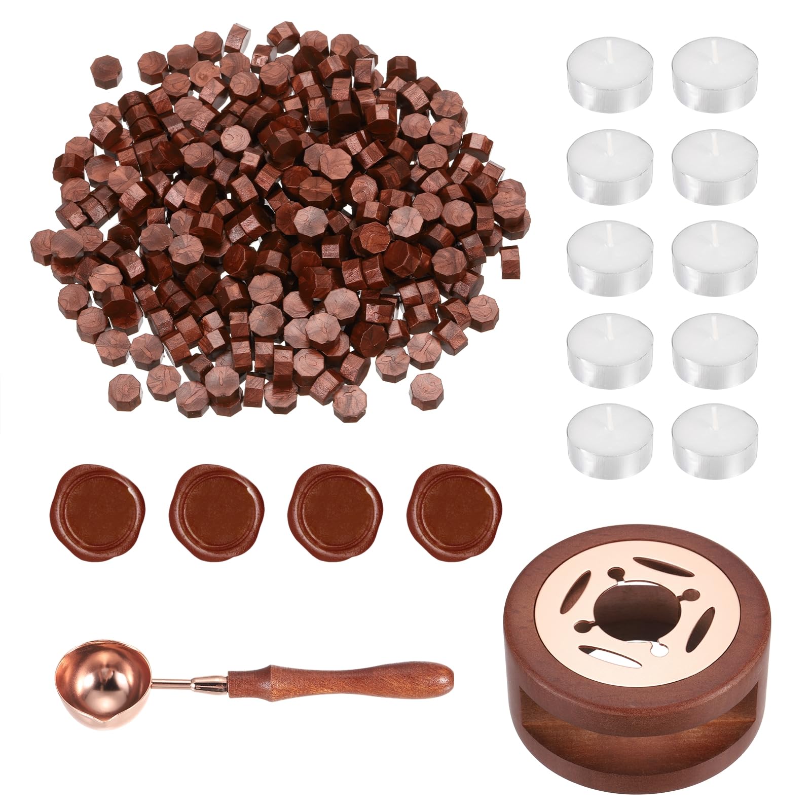 PATIKIL Wax Seal Kit, 300 Pcs Wax Sealing Beads, Wooden Warmer, Melted Spoon, 10 Pcs Tealight Candles for Envelope Letter Mailing Crafts DIY, Red Gold — image 1