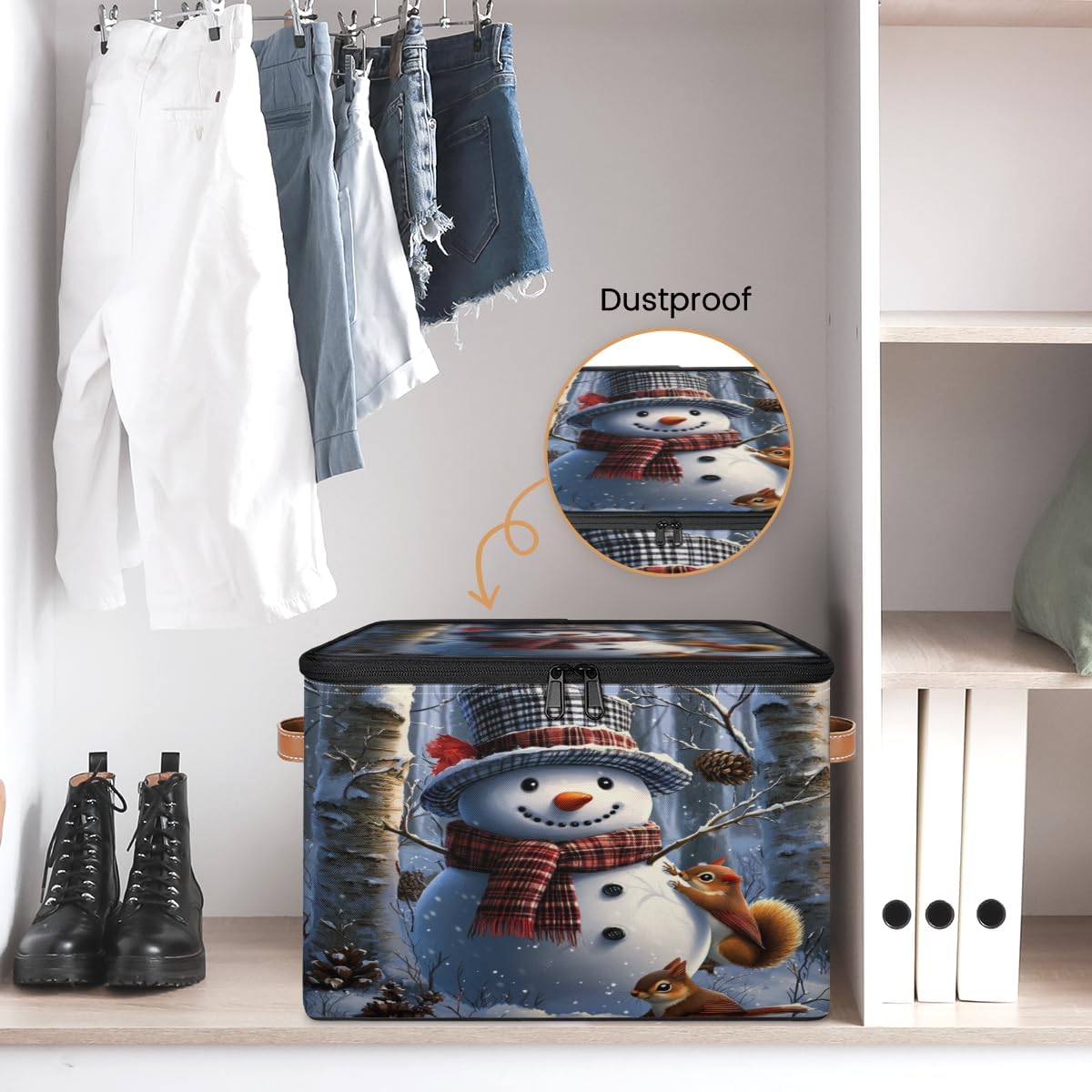 Storage Bin Set of 2 Squirrel Winter Snowman Storage Basket with Zipper Lid & Handle Foldable Closet Shelf 2 Pack Cloth Organizer Basket Cube Bins for Bedroom, Nursery
