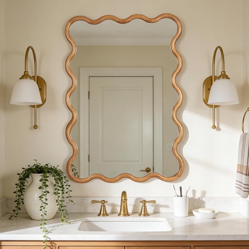 28"x40" Large Wavy Wood Mirror, Natural Wood Boho Accent Wall Mirror with Solid Wooden Frame, Decorative Wall Mirror for Horizontal or Vertical Hanging in Bathroom or Living Space
