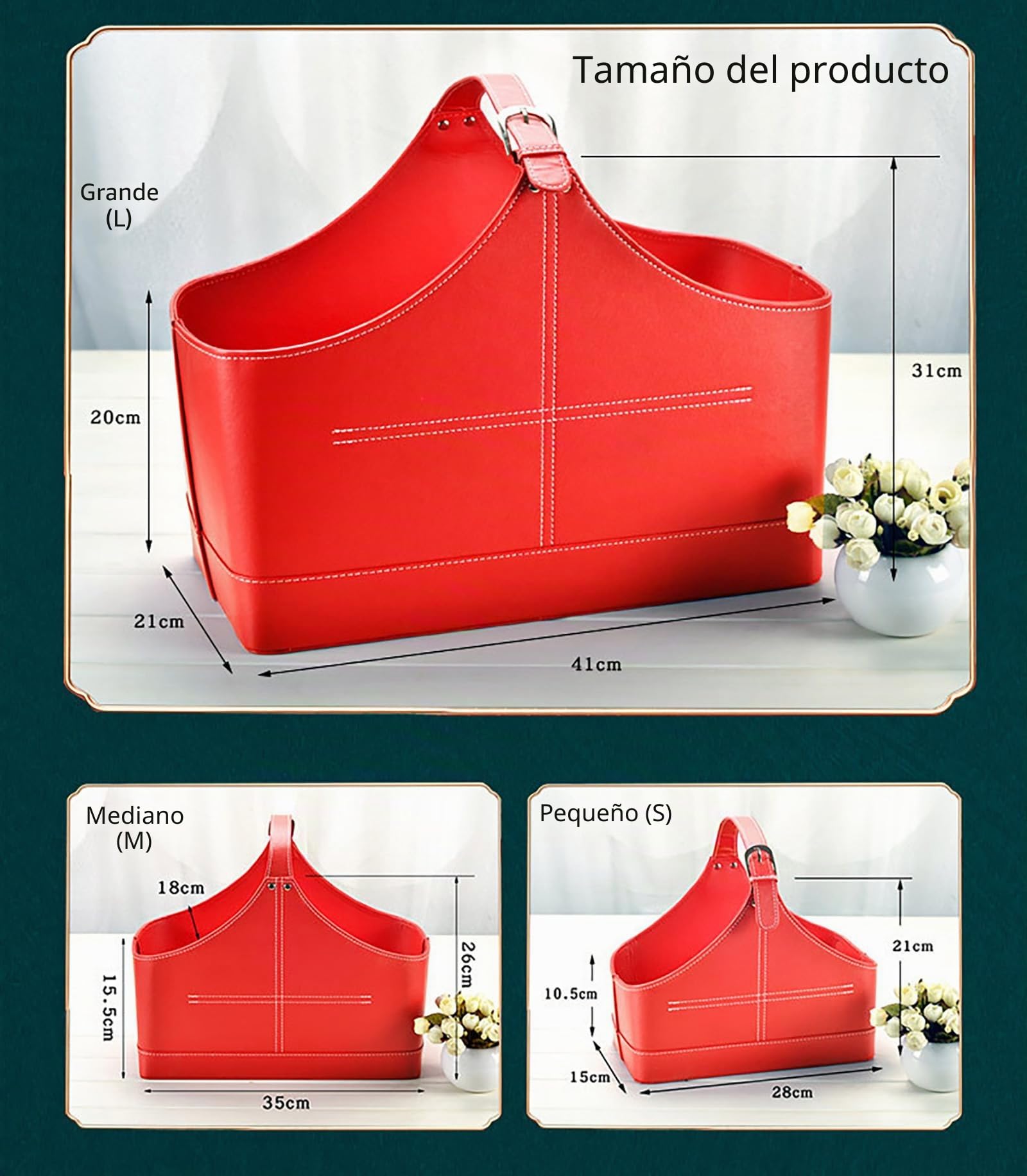 Cesta de almacenamiento de cuero, estructura de MDF, soporte para revistas, flores de vino, frutas, con asa superior para regalos de vacaciones (pequeño, café)