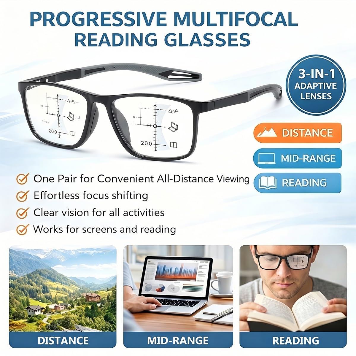 Generisch 3 Pack Gleitsichtbrille Herren TR90 Gleitsicht Lesebrille Progressive Multifokale Brille mit Blaulichtfilter, Leitch Computerbrille Federscharnier, Selbsttönende Lesesonnenbrille