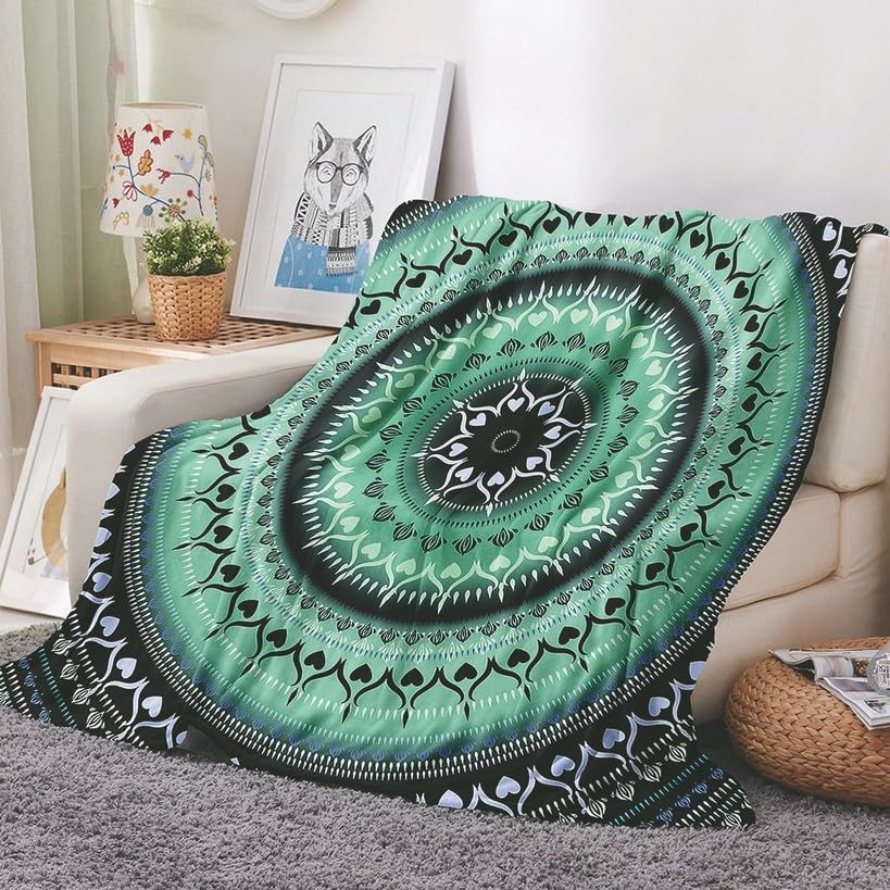 EHOMERY Flannel Blanket Queen Size Cotton Warm Blankets King Flannel Sheets King Size Clearance Bed Blankets King Size Cotton Mandala Air Conditioning Blanket Green 240x180cm