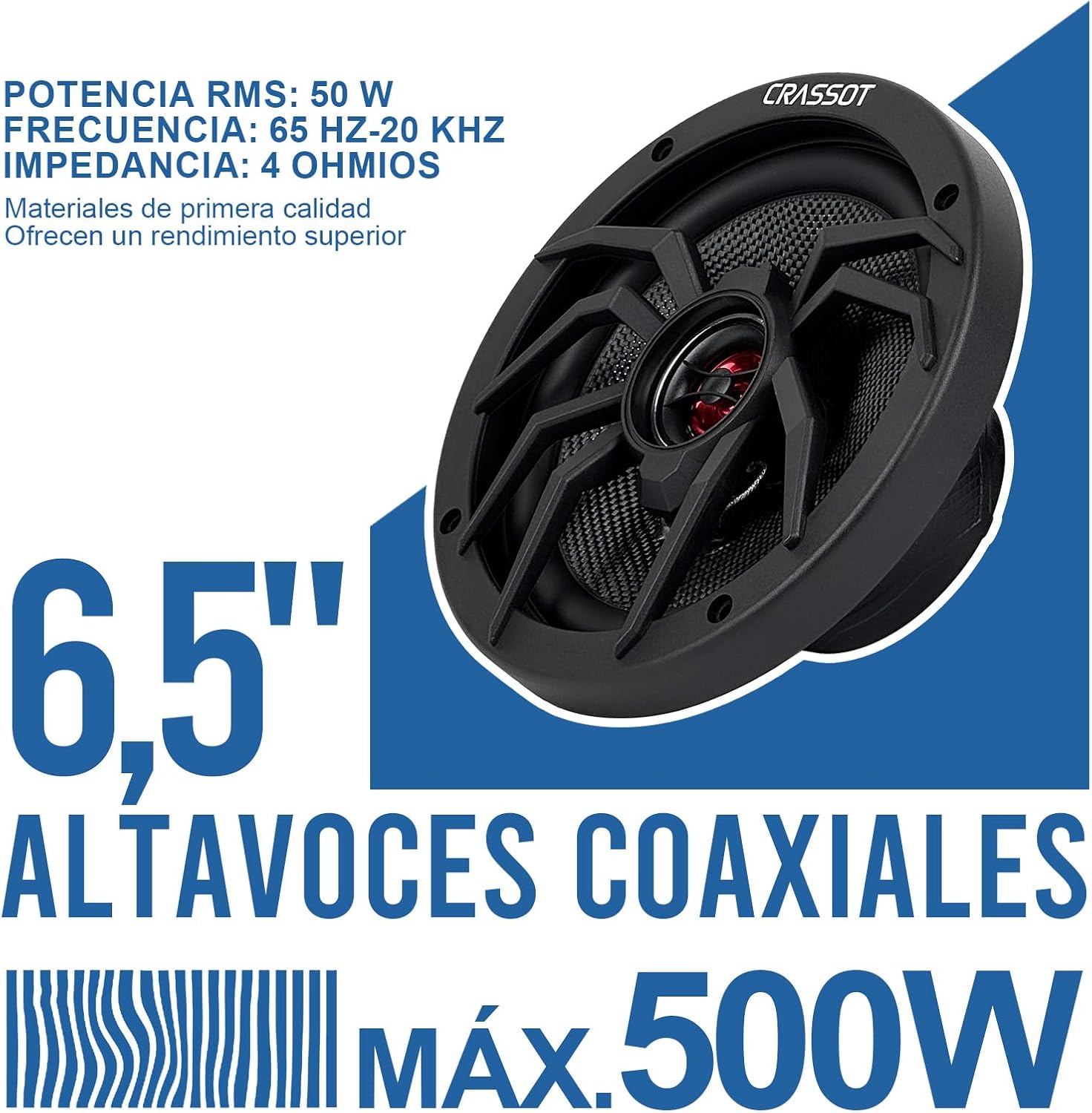 6.5 Inch Car Door Coaxial Speakers, 4 Ohm 50W RMS 500W Max, Easy Install Front Door Car Audio Speakers with Rich Bass, Compatible with Most Factory Speaker Locations - 1 Pair