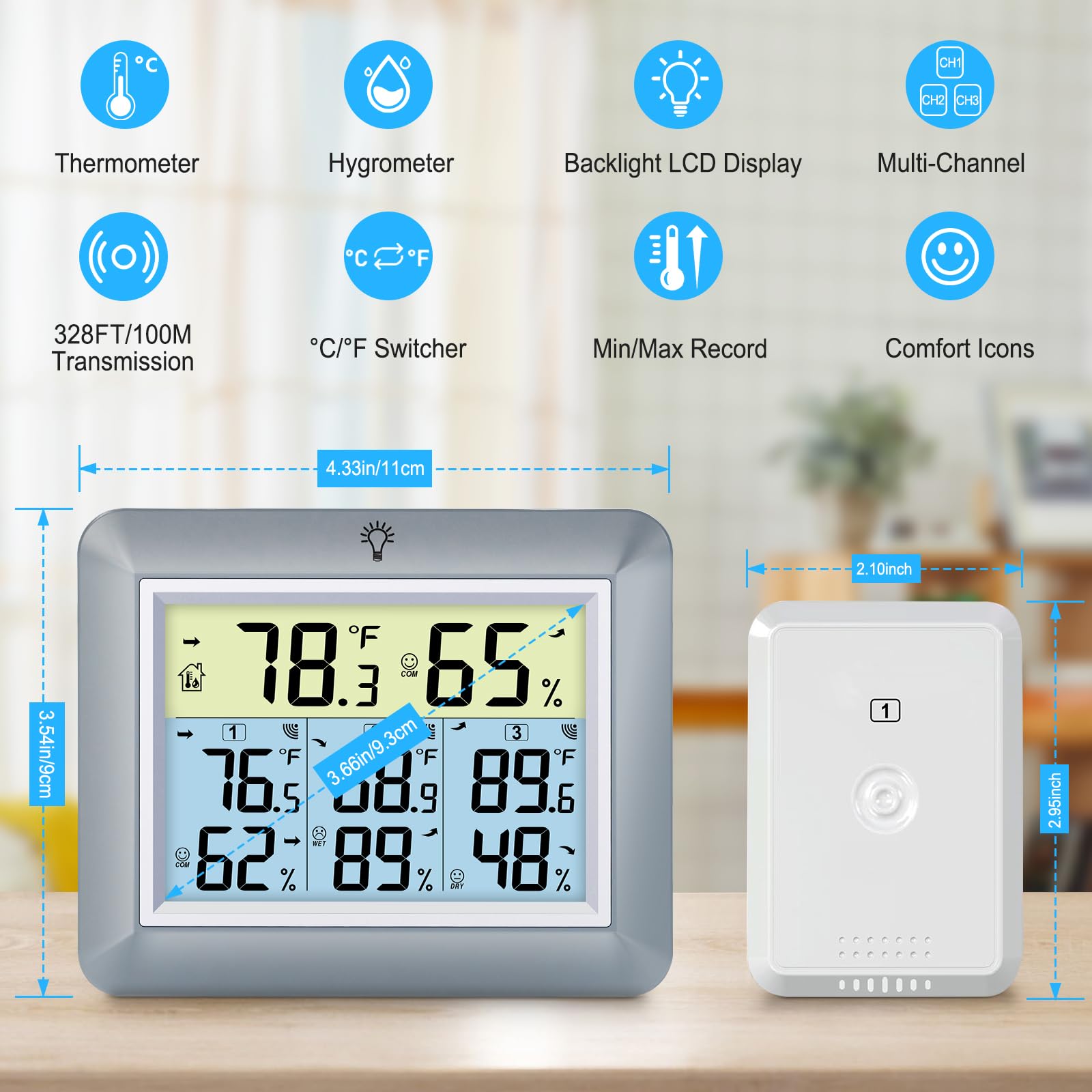 Urageuxy Thermomètre d'intérieur et d'extérieur sans fil avec moniteur de température et d'humidité Hygromètre numérique avec 3 capteurs à distance, enregistrement min/max, interrupteur ℃/℉