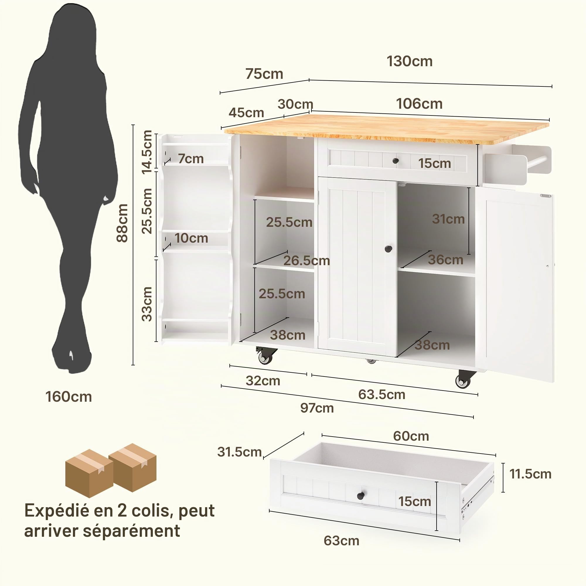Xbro ilôt de Cuisine avec roulettes, Desserte de Cuisine avec Table Extensible, Porte-torchons, 2 Tiroirs, 3 Portes avec Rangement, 130 × 75 × 88 cm, Blanc