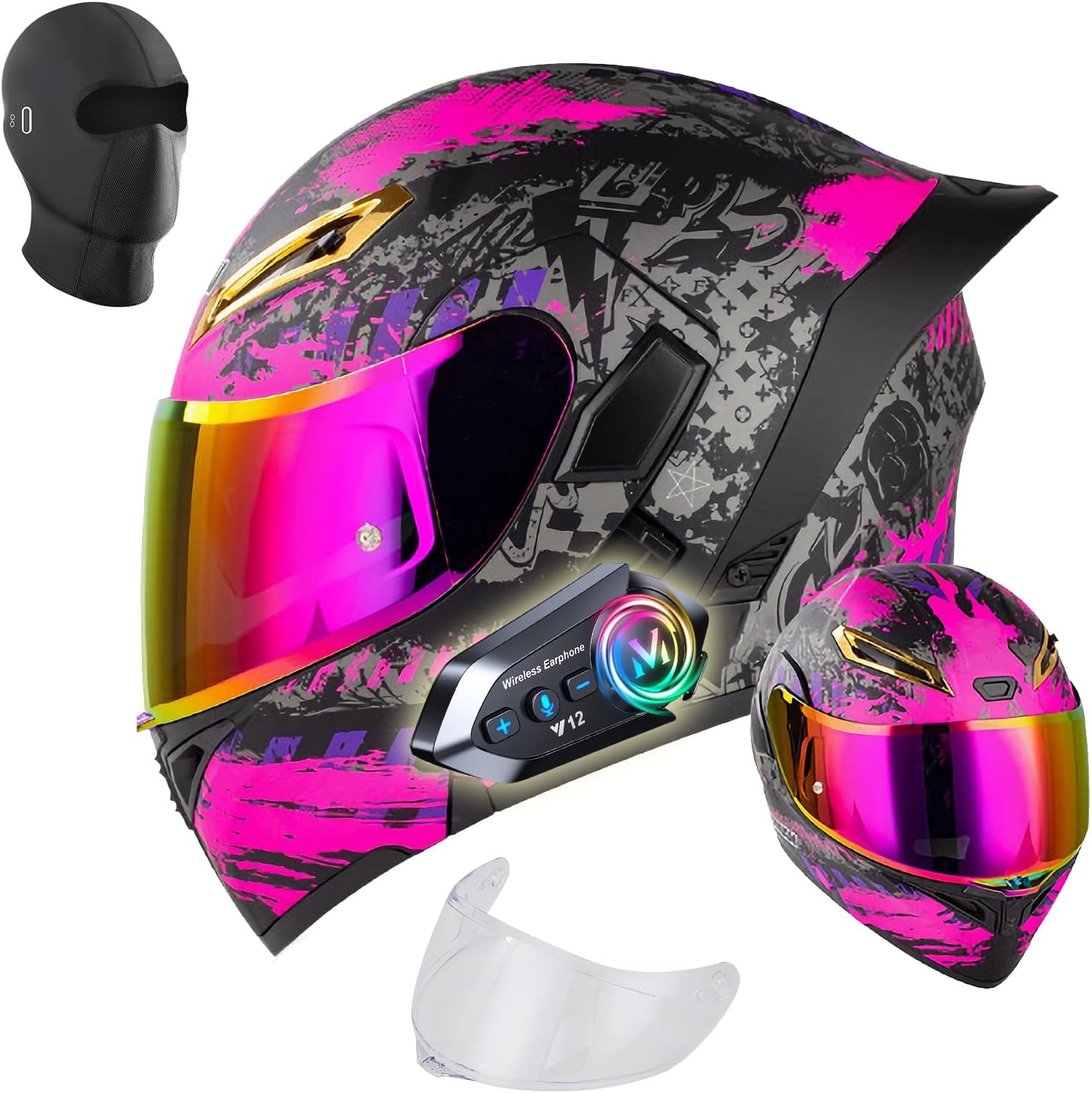 Womens Motorcycle Helmet with Bluetooth - DOT Modular Motorcycle Helmets with Dual Visor, Flip Up Full Face Purple Helmet with Speaker and Mic
