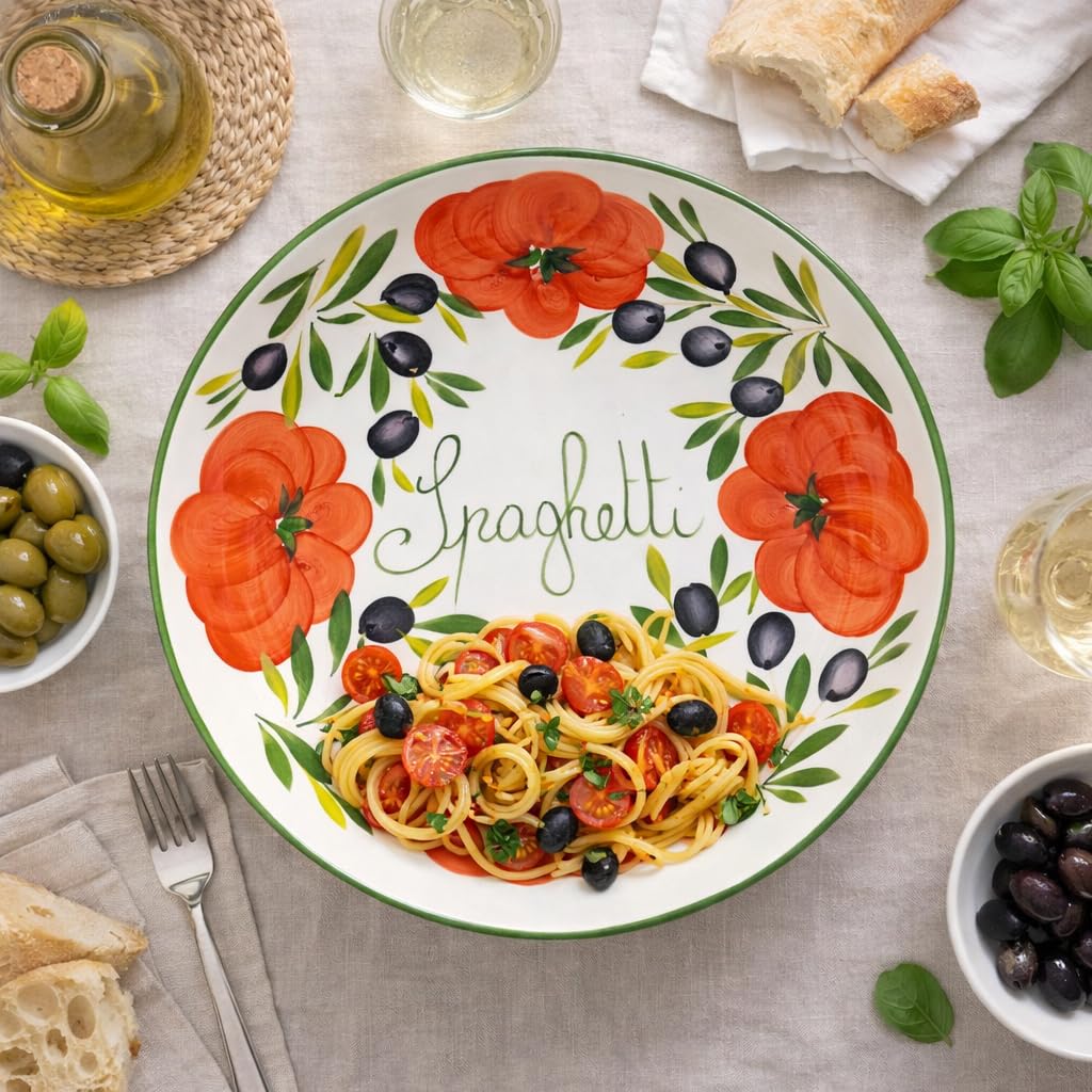 Lashuma Handgemachte Nudelschale aus Italienischer Keramik im Tomatendesign, Runde Pastaschüssel 36 cm, 9 cm tief