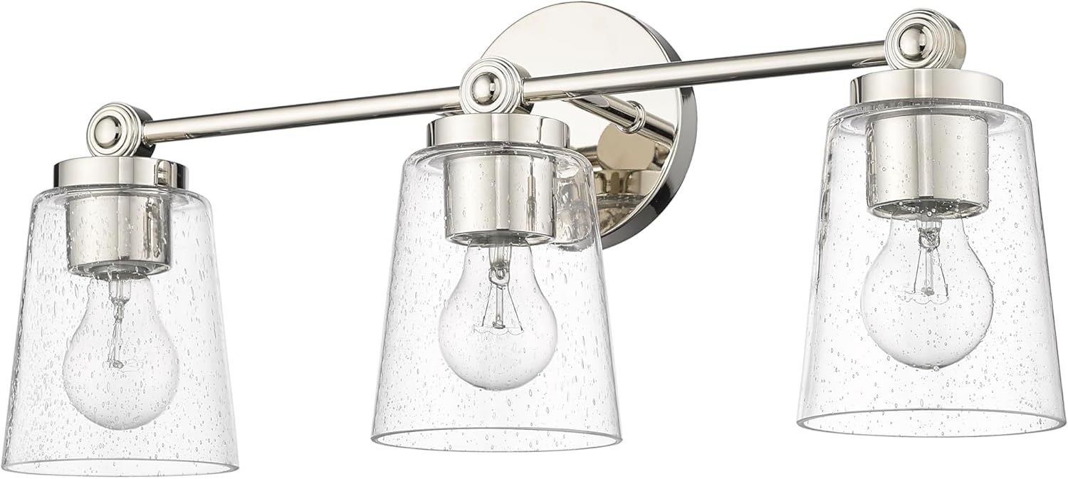 ML Lighting | Lauryn Collection | 22003-PN | 3 Light Vanity in Polished Nickel Finish with Clear Seeded Glass Shade | Versatile Design That adds High-End Texture and Elegance to Your Bathroom