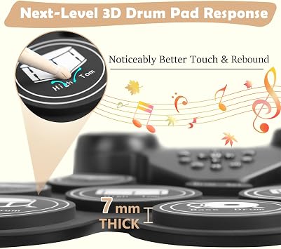 Electric Drum Set with 7 Colorful LED Light Patterns, Enhanced Rebound Feel Electronic Drum Kit Featuring 9 Pads, Bluetooth MIDI, and Dual Speakers, for Kids and Adult Beginners