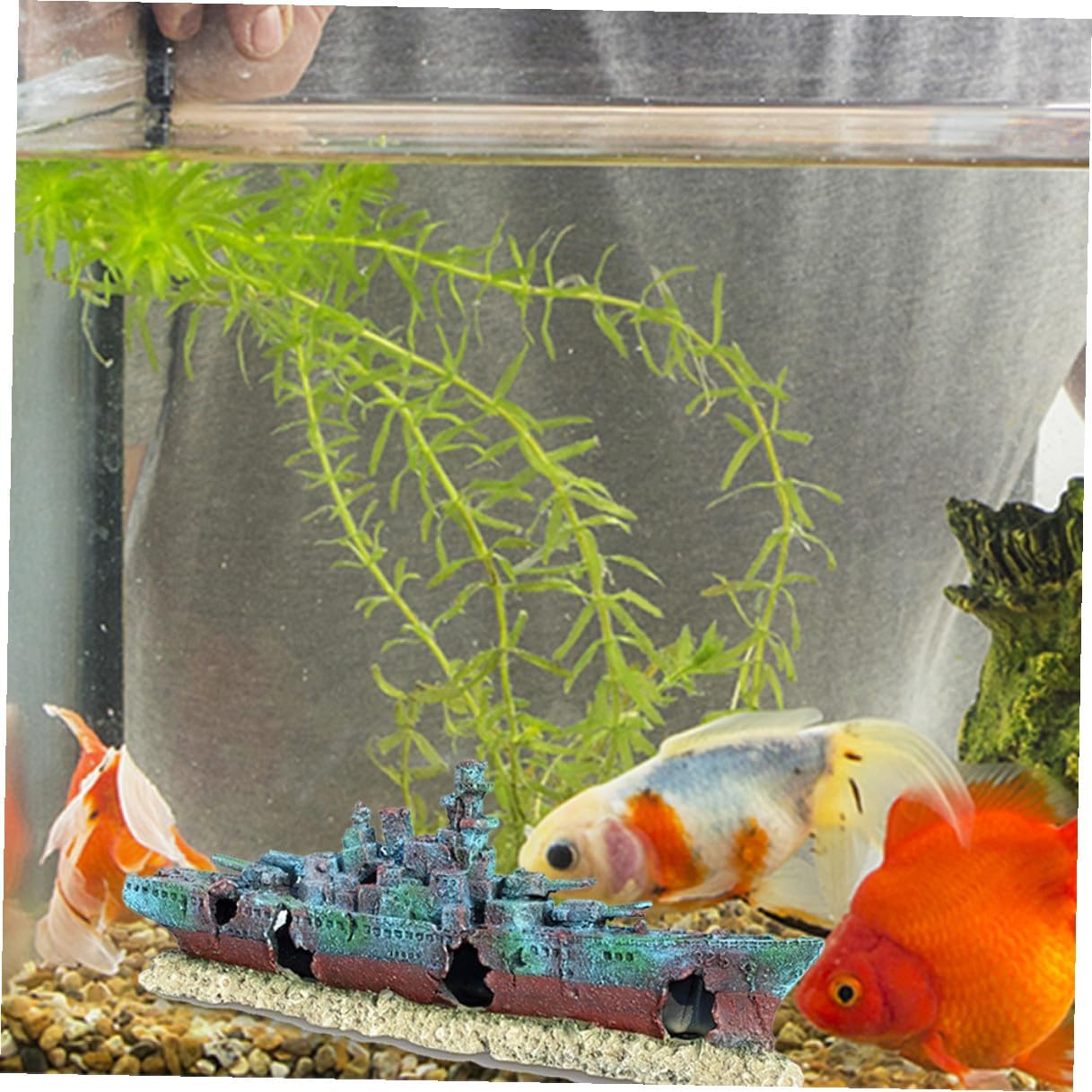 Outanaya Aquarium Shipwreck Decoration Fish Tank Cave Ornament Resin Sunken Warship Underwater Hideout for Betta and Tropical Fish Tank Accessories