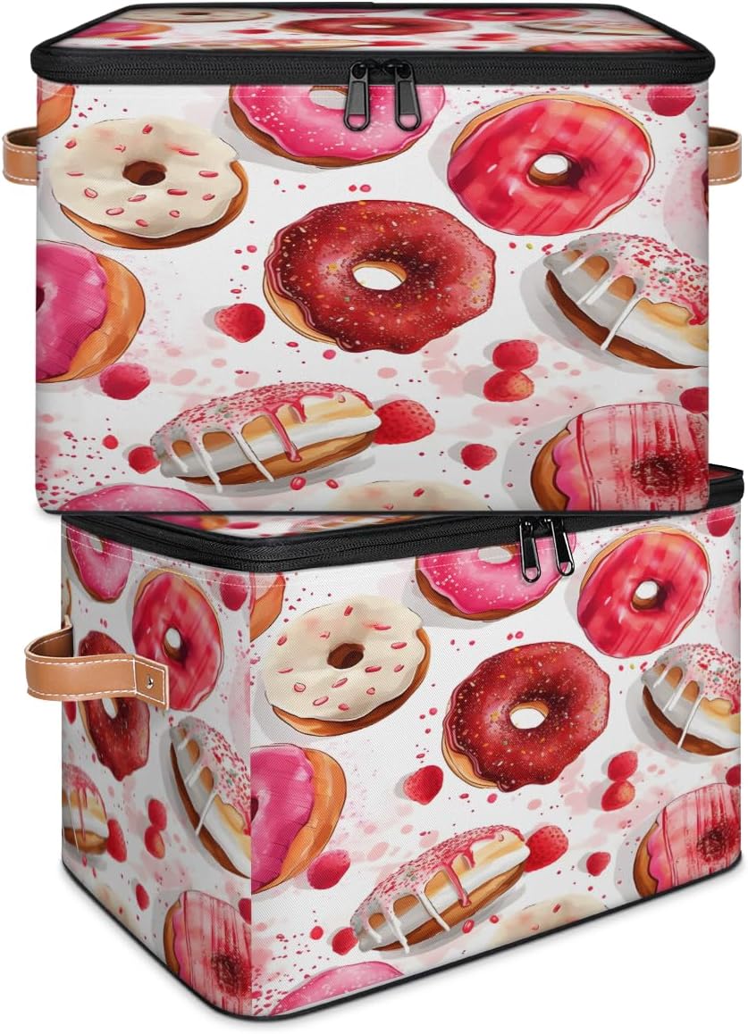 Storage Bin Set of 2 Colorful Donuts Storage Basket with Zipper Lid & Handle Foldable Closet Shelf 2 Pack Cloth Organizer Basket Cube Bins Clothes Organizer for Nursery, Bedroom