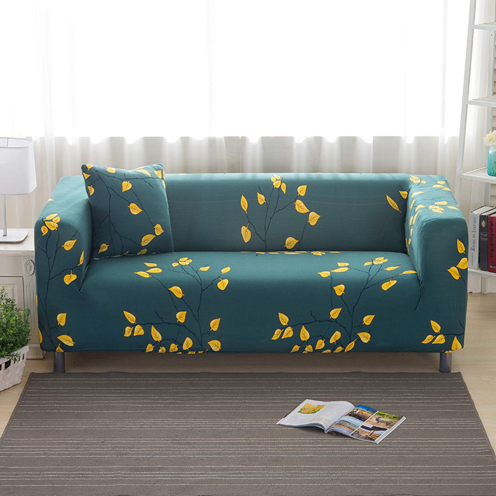 2 Seater Sofa Cover Yellow Leaves Stretch Sofa Covers Spandex Settee Covers 2 Seater Washable Sofa Protectors from Pets Non Slip Covers for Sofas All Seasons Couch Cover with Elastic Strap