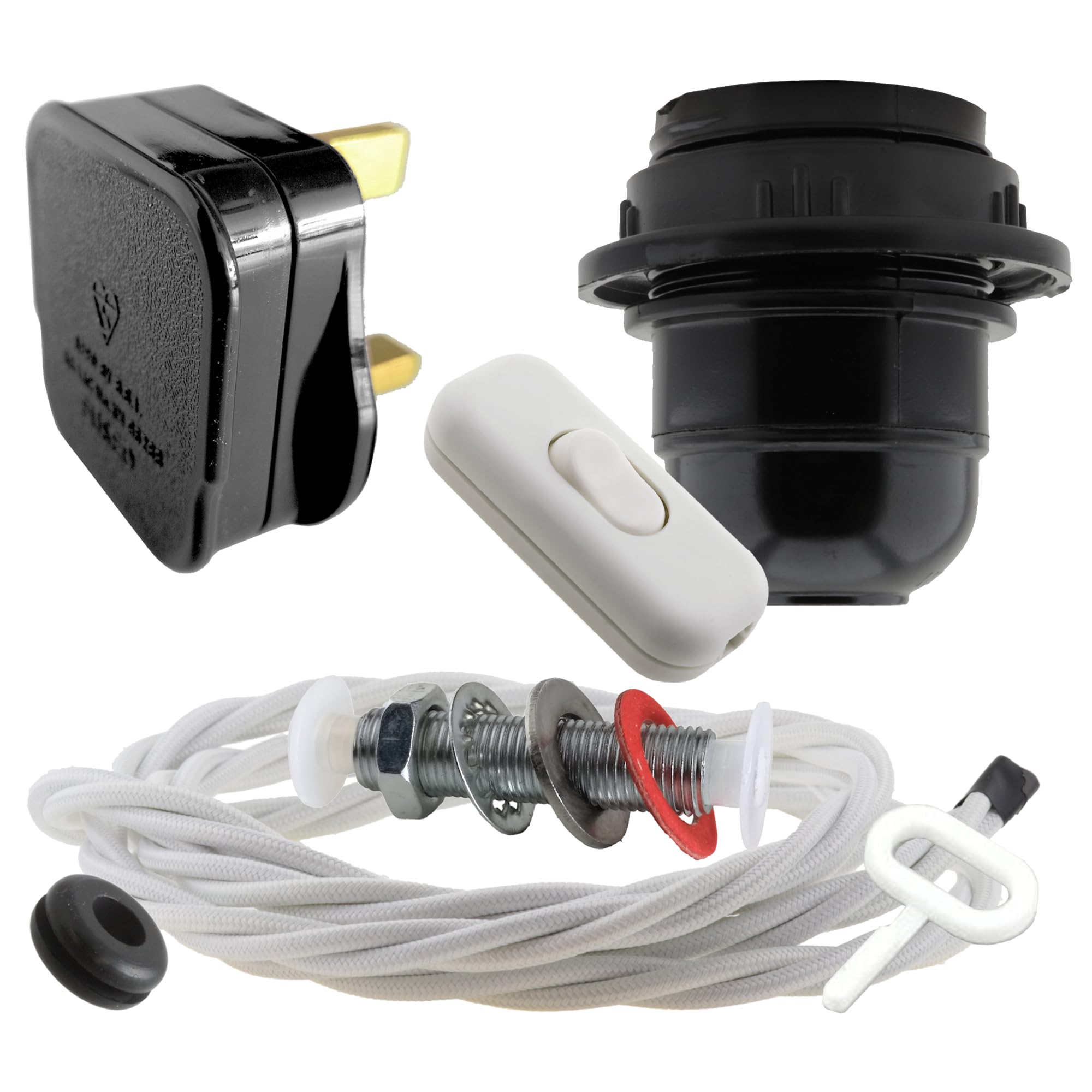 Art Deco Emporium Lamp Repair Kit|Black Plug|White Flex|White Switch|E27 Black Bakelite Lamp Holder