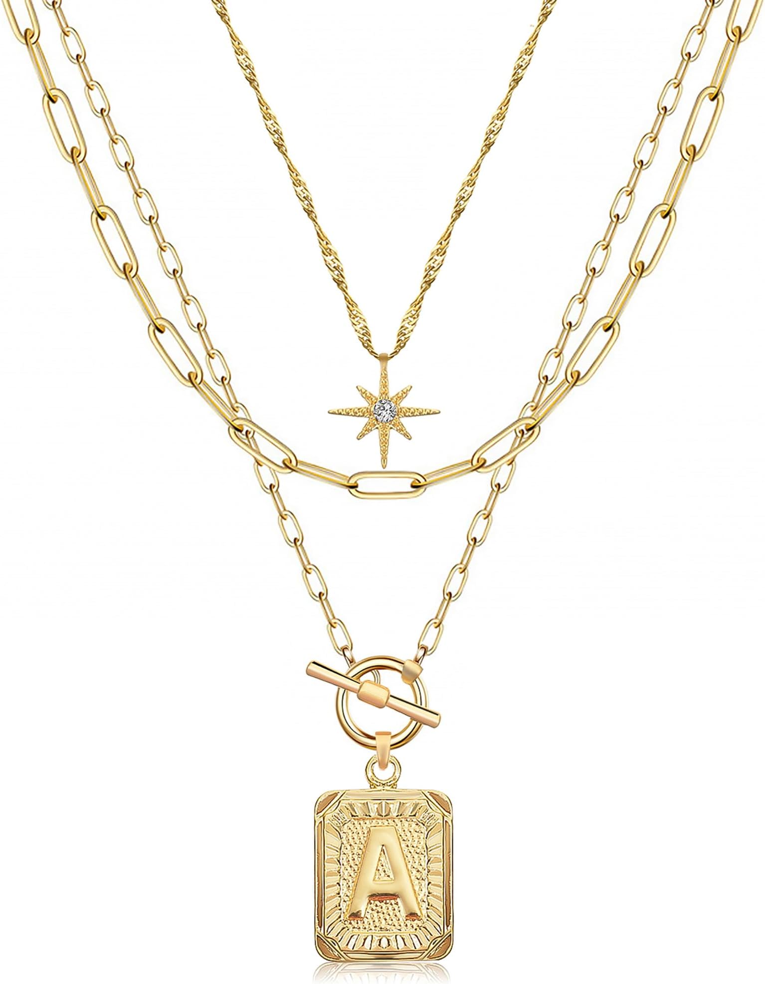 MJartoria Layered Initial Necklaces for Women Trendy, 14K Gold Plated Simple Star Choker Square Letter Pendant Necklace, Paperclip Chain Necklace, Gold Necklaces Jewelry Gifts
