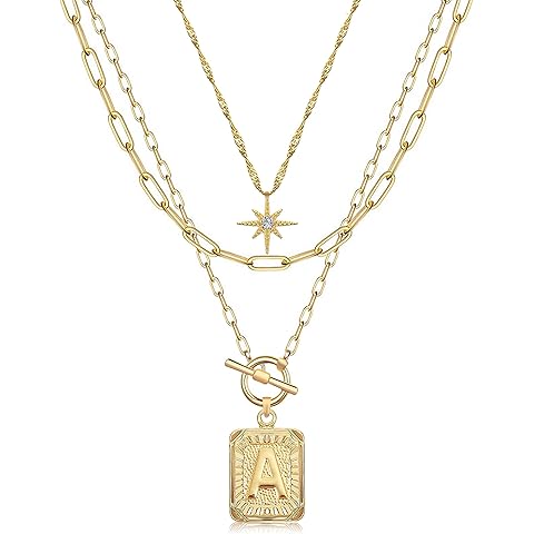 MJartoria Layered Initial Necklaces for Women Trendy, 14K Gold Plated Brass Simple Star Choker Square Letter Pendant Necklace, Paperclip Chain Necklaces Jewelry Gifts