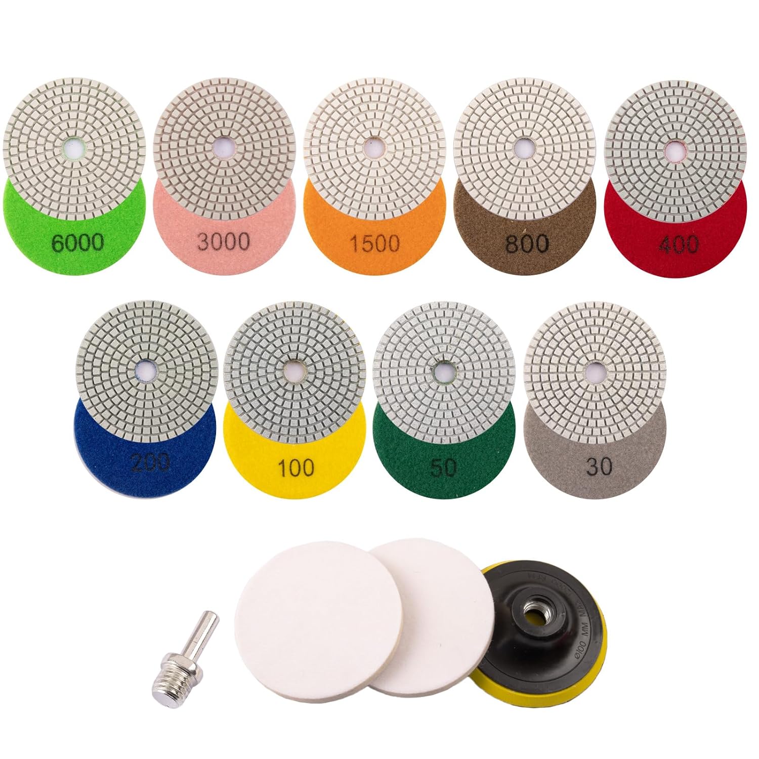 4 Inch Diamond Polishing Pads, 13PCS Wet/Dry Pad Kit with 5/8"-11 Backer Pad, 30-6000 Grit for Granite Marble Concrete Quartz Countertop, Use with Drill Grinder Polisher