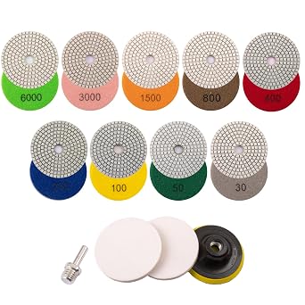 13PCS 4 Inch Diamond Polishing Pads Set, Wet Dry Polishing Kit with 5/8"-11 Backer Pad, 30-6000 Grit for Granite, Marble, Quartz, Concrete, Stone Countertops