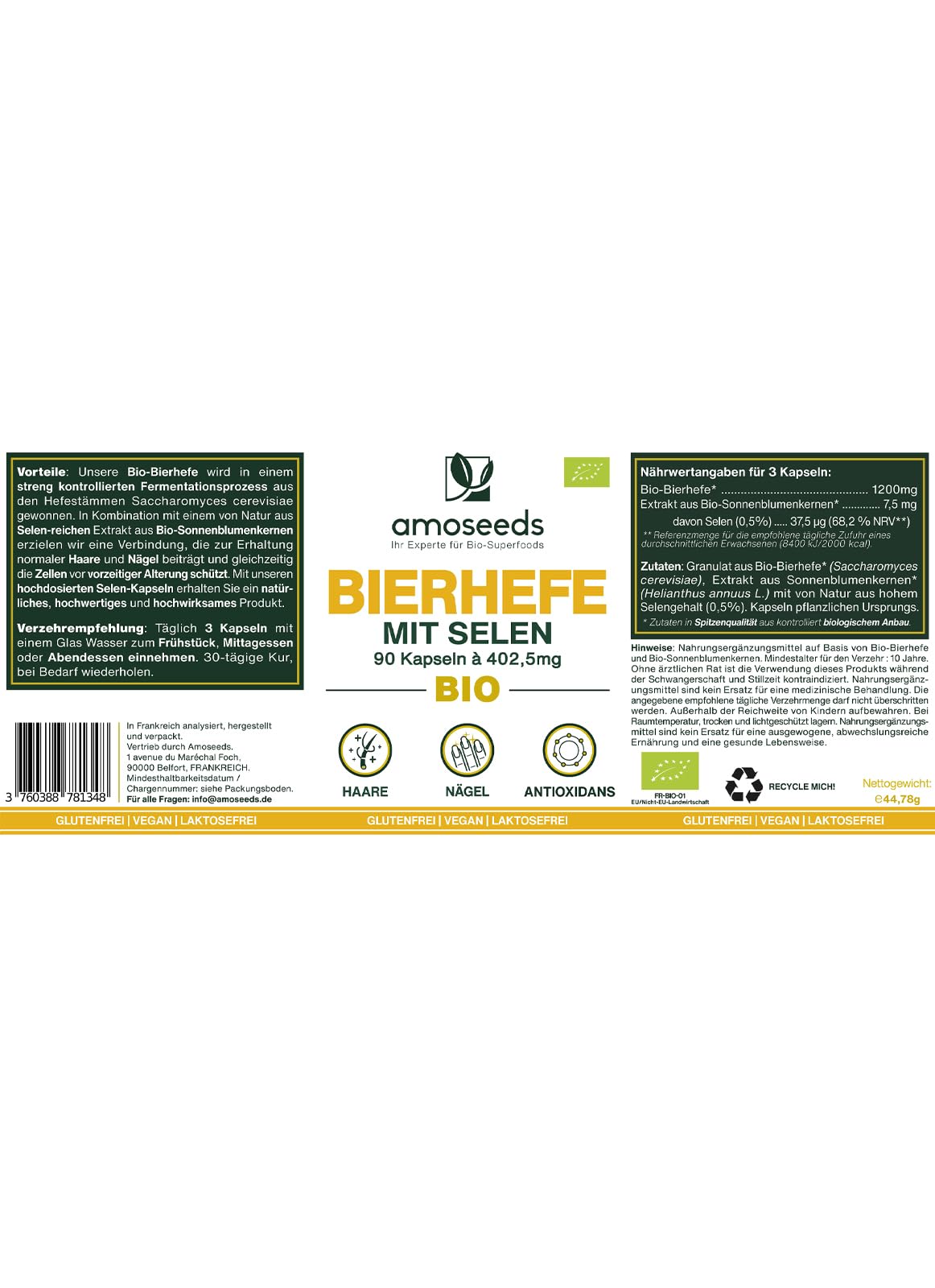 BIO-Bierhefe | Haare und Nägel | Lebendhefe, 1200mg / Tag, Glutenfrei | Angereichert mit Selen | 90 vegane Kapseln | Spitzenqualität