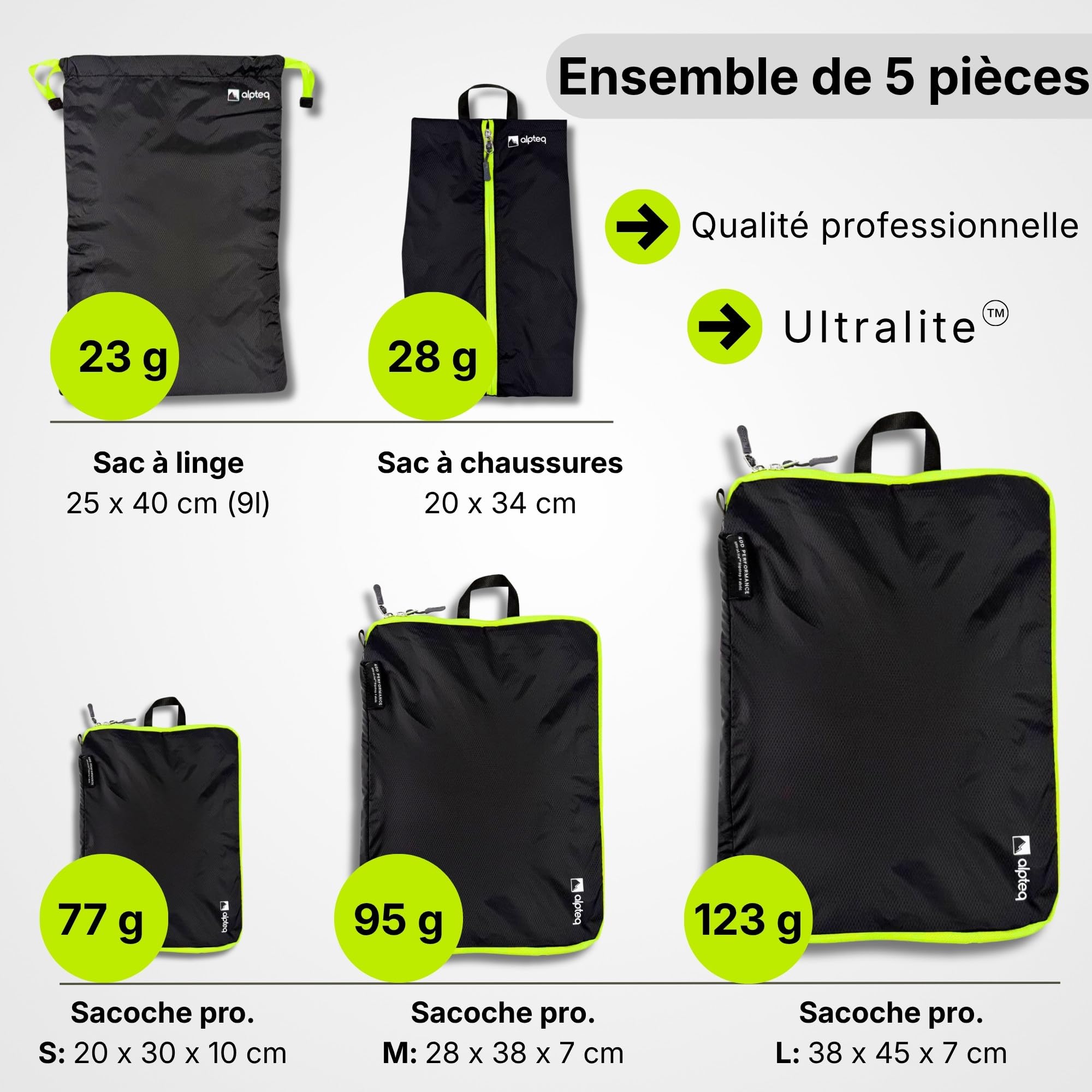 Lot de 5 sacs de rangement professionnels avec compression - Ultra légers - En tissu imperméable - Pour voyage et sac à dos