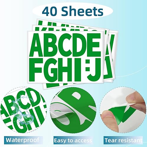 Miniatura 3 de Starboling Calcomanías de letras, 3 pulgadas, 40 hojas de calcomanías del alfabeto verde, calcomanías de vinilo autoadhesivas para números de buzón,