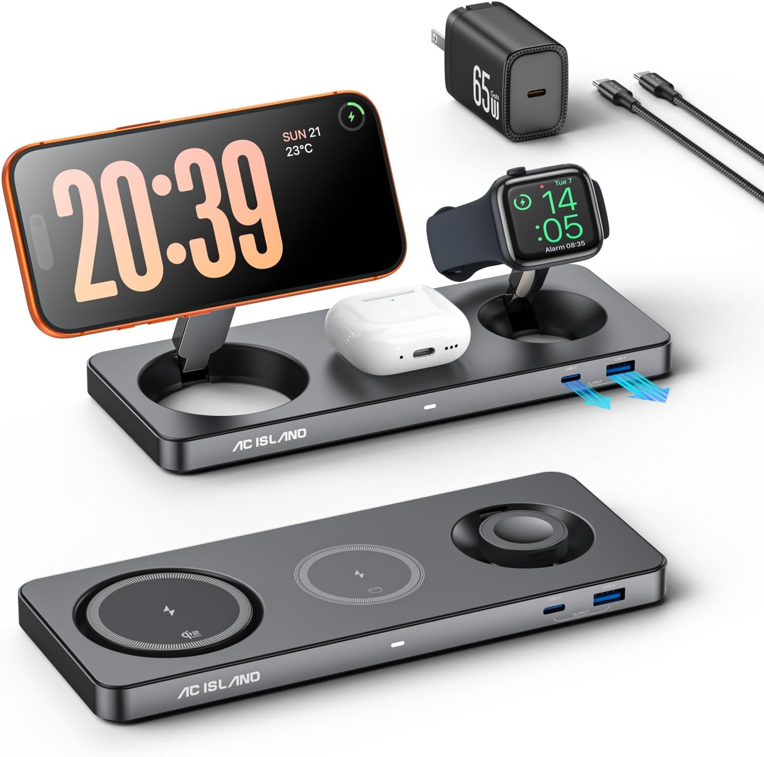 5-in-1 Qi2.2 Wireless Charger for MagSafe, 25W Foldable Magnetic Stand, Travel Charging Station for iPhone 17-12 & Air Series, Apple Watch, AirPods, with 65W GaN Adapter (Gray, for Apple)