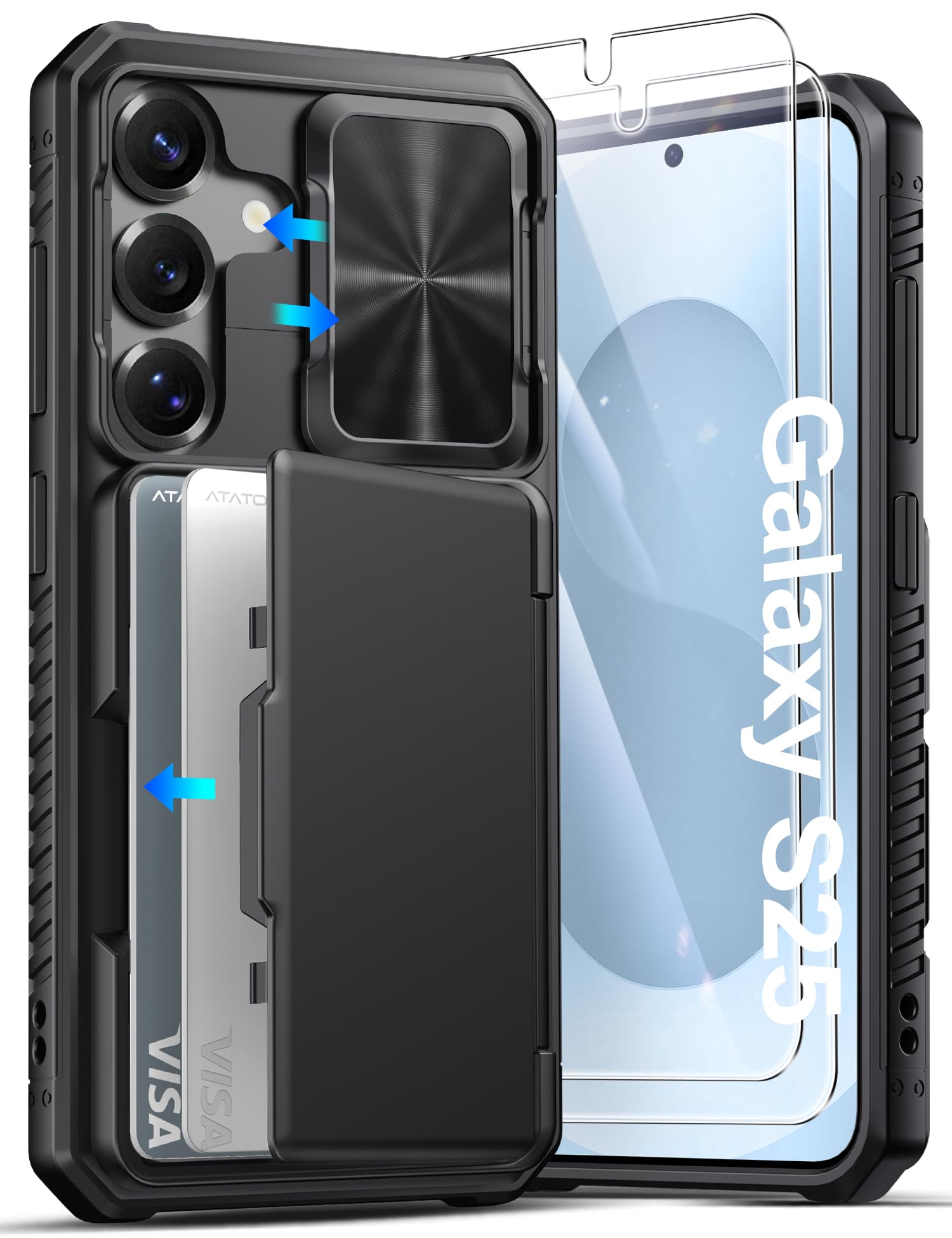 ATATOO for Samsung Galaxy S25 Case Wallet with HD Tempered Glass Screen Protector [2 Pack], Build-in Card Holder, Slide Camera Cover, Military Grade Protection, Hard Case for Galaxy S25 6.2", Black