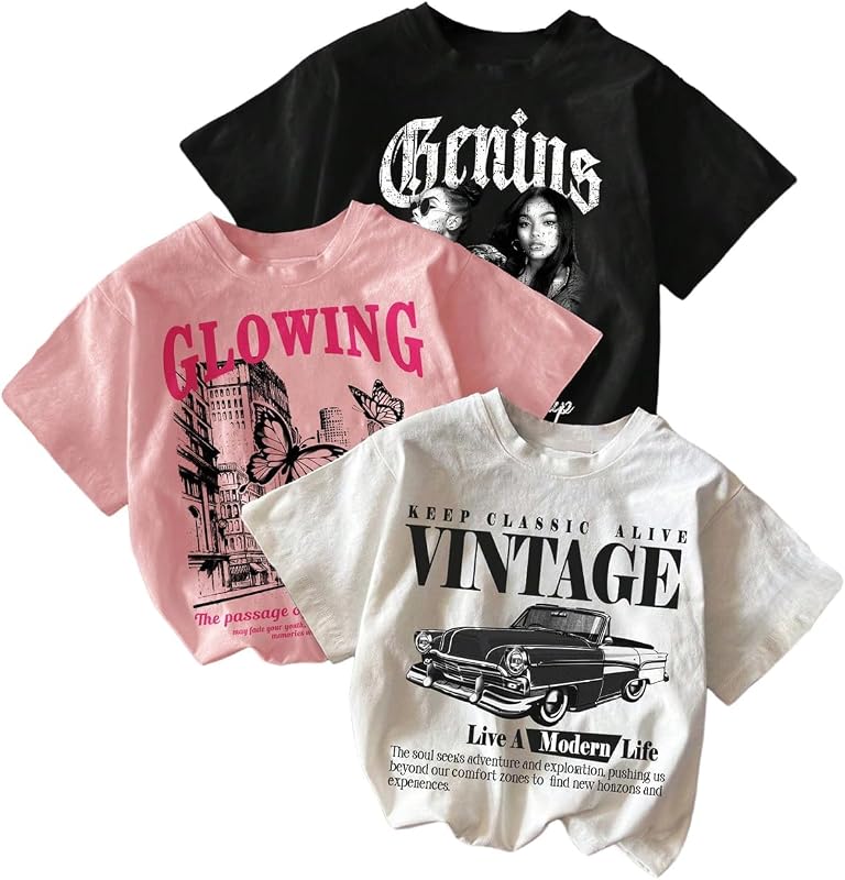 RoseSeek Girl's 3 Packs T Shirts Set Letter Graphic Tees Summer Tee Shirt | Short Sleeve, Crew Neck Shirts, Girls Graphic Tees, Cute Shirts for Girls