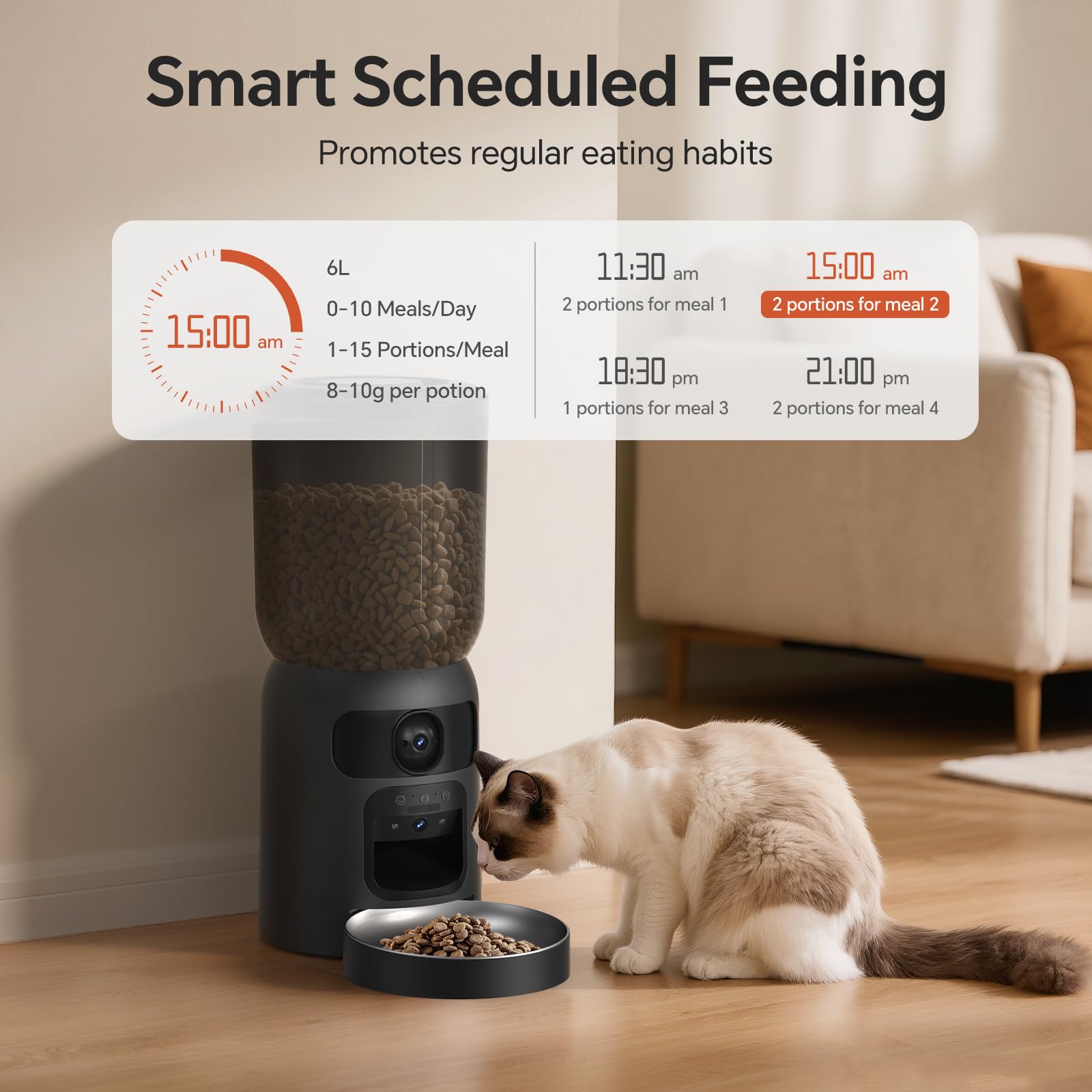 Automatic Cat Feeder with Dual 2K HD Camera, Smart Pet Food Dispenser for Timed Meals, APP Control Laser Interactive Toy Treat Feeders with 2.4G / 5G WiFi, Black