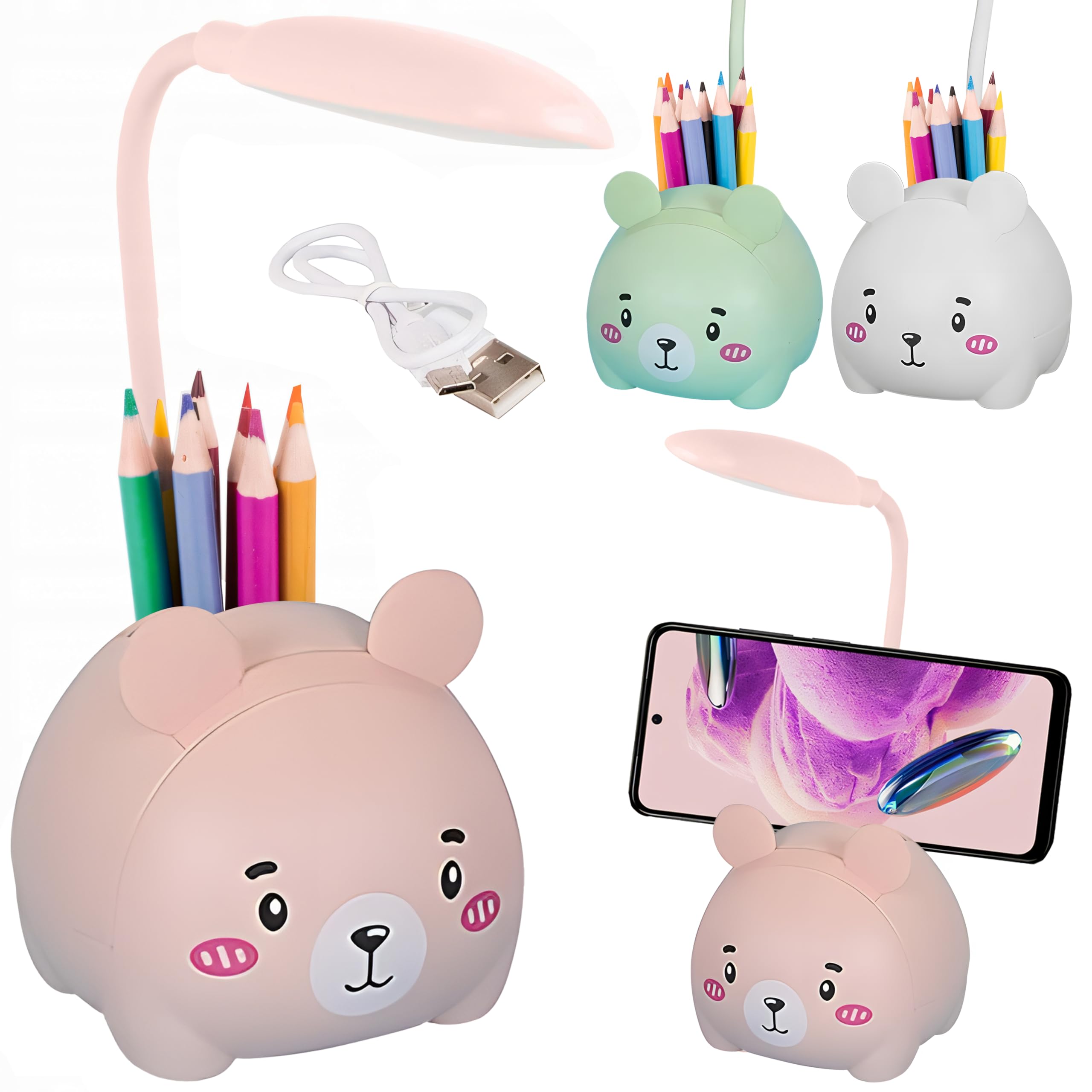 things-4you Lámpara Infantil Oso Rosa con Portalápices y Soporte Móvil – Luz Nocturna LED Recargable USB-C – Flexo Escritorio Niños y Mesita de Noche